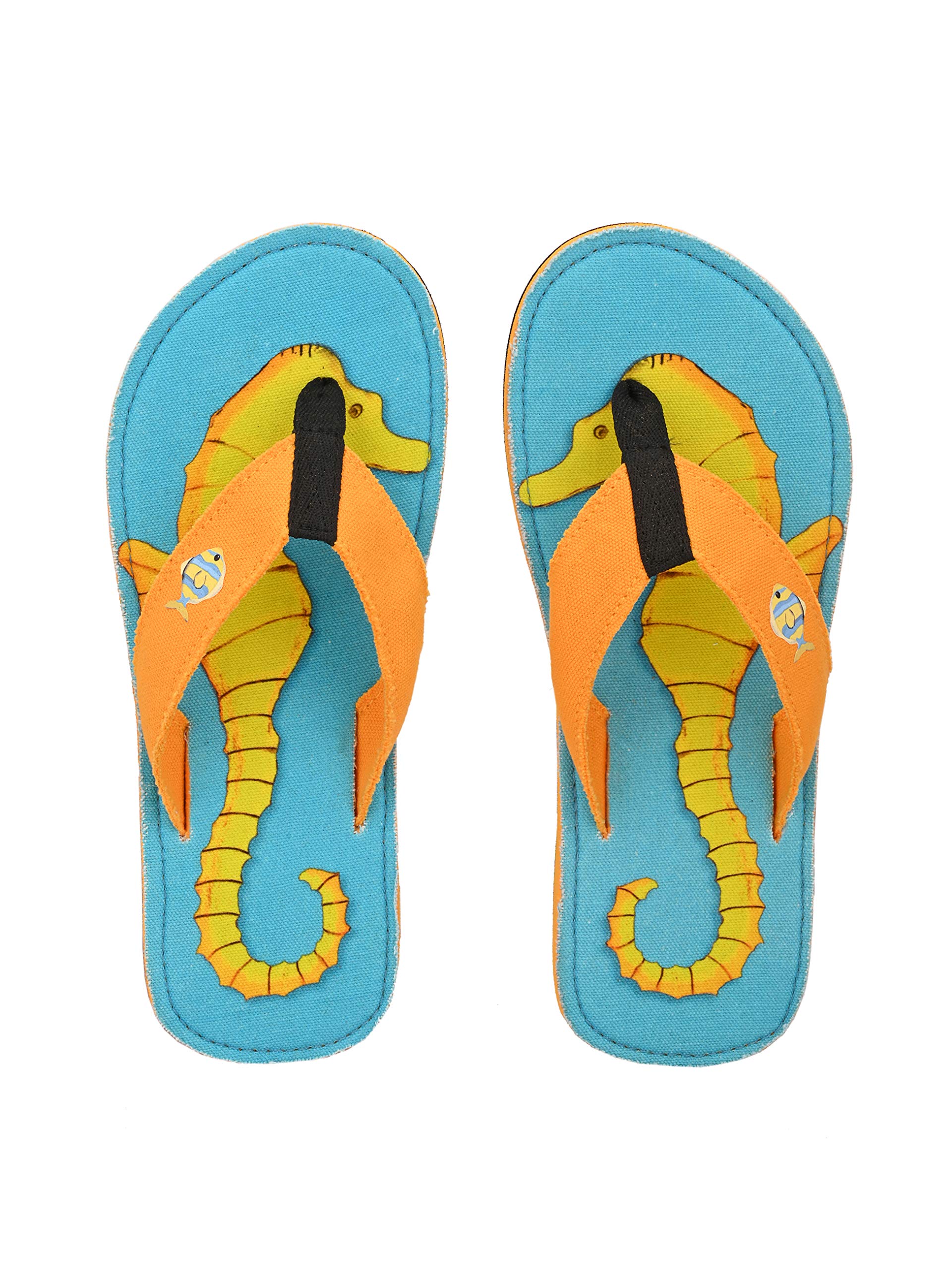 Beachcomber Blue Water Unisex Yellow Seahorses Flip Flops - 6 US