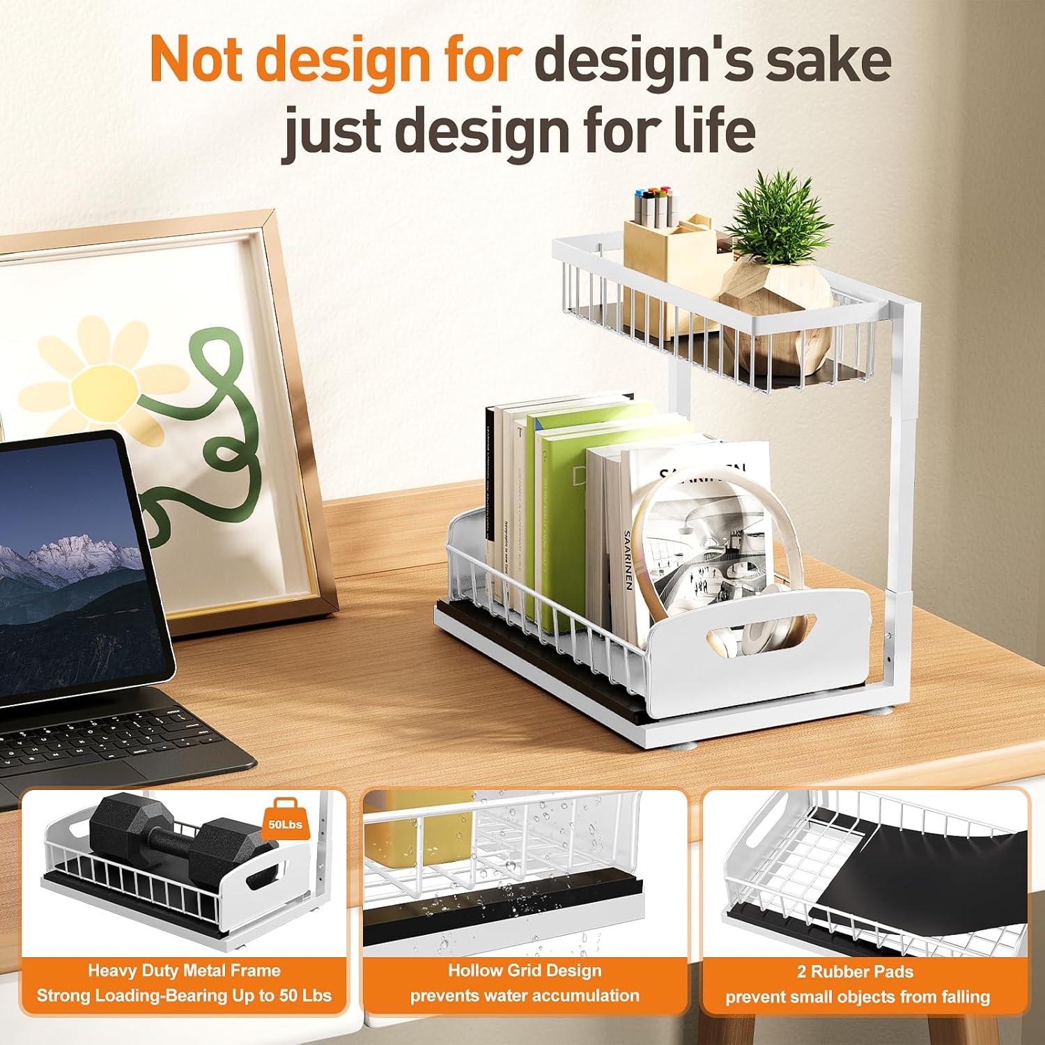 Under Sink Organizer,Metal Pull Out Cabinet Organizer Shelf,Kitchen Bathroom Organizers with Sliding Drawer,Storage Shelves,Storage and organization for Home,Laundry,RV,Pantry,Spice,White, 2 Pack