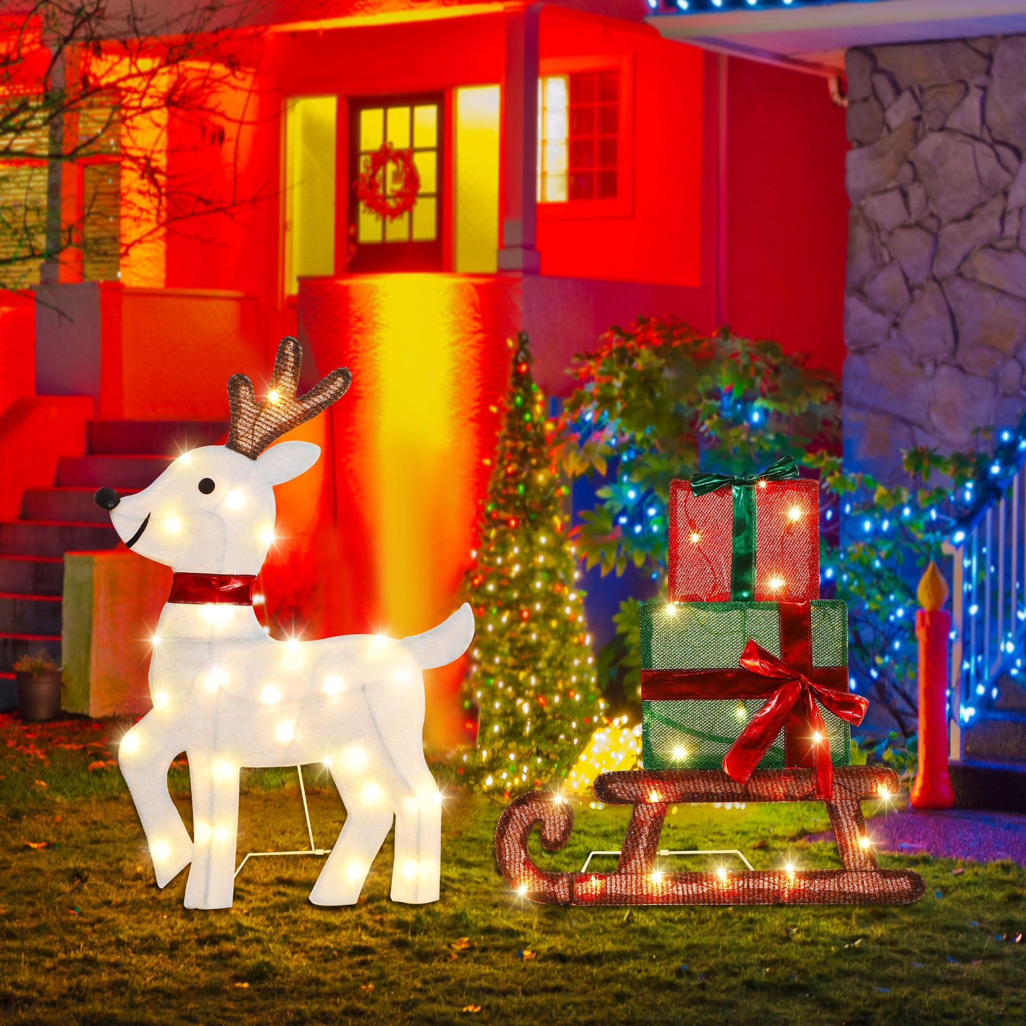 Joliyoou Décoration de cour de Noël, renne pré-éclairé et traîneau cadeau avec 50 lumières blanches chaudes, affichage de vacances éclairé 2D pour porte d'entrée de Noël, décoration intérieure et