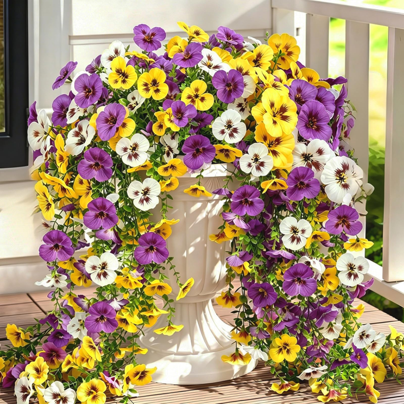 Homcomodar 2 PCs Artificial Hanging Flowers Pansy UV Resistant Artificial Plants Outdoor Pansy Realistic Fake Flowers for Porch Patio Balcony Fence Garden Yard Wedding Decor(Purple-red+Yellow+White)