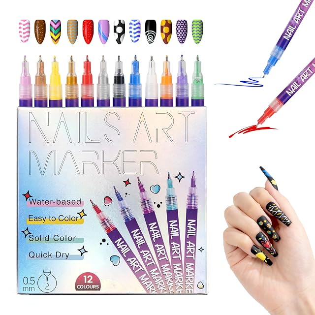 Nail Art Pens 12 Colors 0 5mm Fine Tip Water-Based Quick-Dry Pens for DIY Nail Design Doodles Outlines