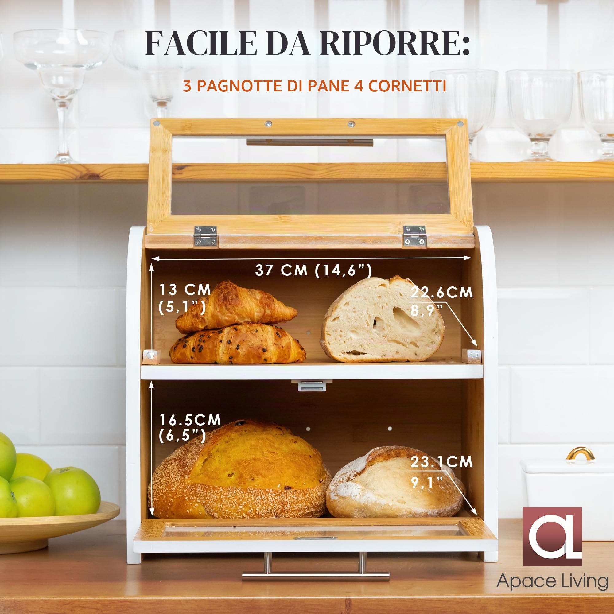 Apace Living Elegante Portapane in per Cucina, Cesta in Legno per Pane Extra-large 2 Ripiani con Vetrine Trasparenti e Prese d’Aria per Mantenere Freschi Pane e Dolci 40 x 26 x 37