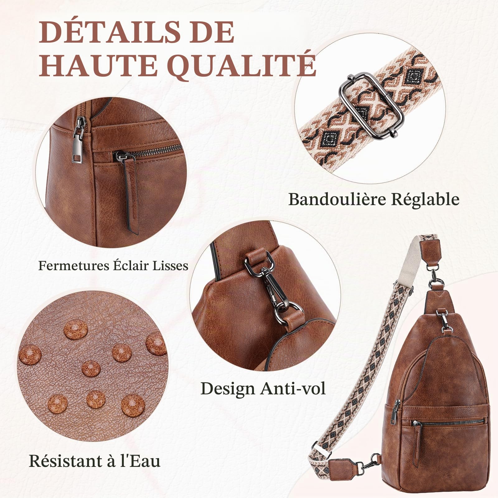 Sac de Poitrine Femme, Élégant Antivol Sac Bandoulière Banane Femme Fille Convertible Cuir PU Sling Bag pour Voyage Plein Air Vacances