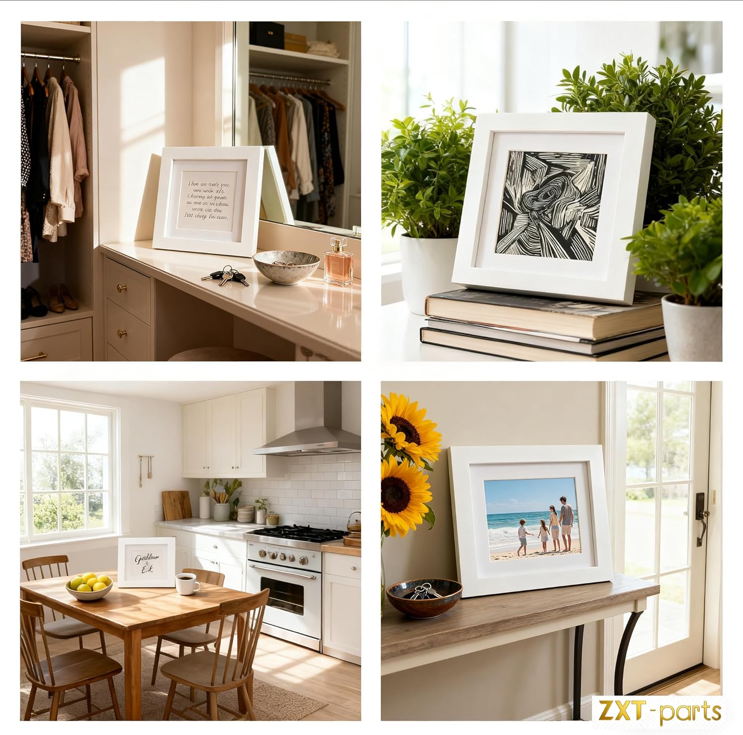 ZXT-parts 6x6 Picture Frames with 4x4 Opening Mat Set of 4 Pack. White 6x6 Square Photo Frame. Solid Wood, Perspex Panel, The Table or The Wall.