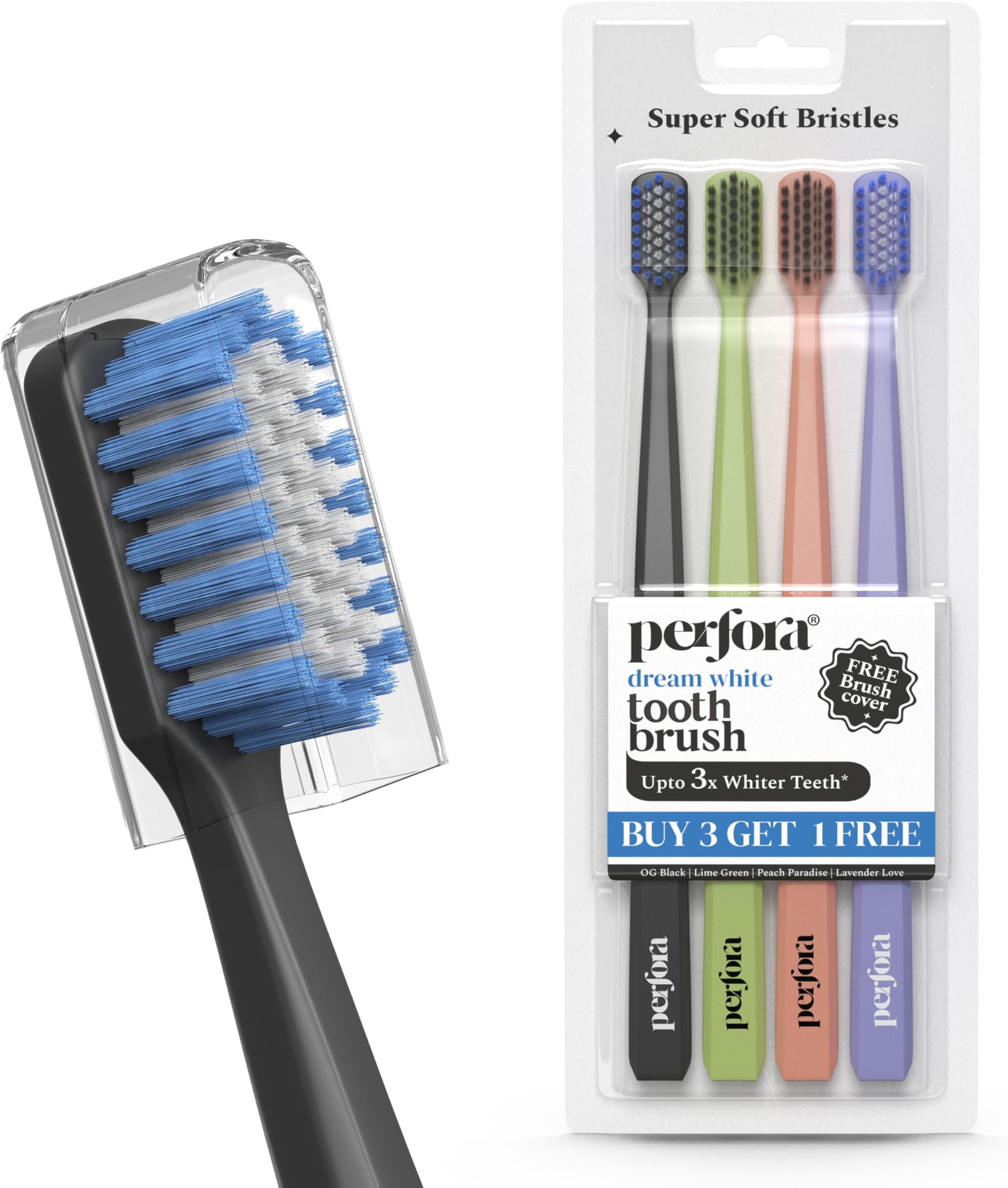 Perfora Dream White Toothbrush For Kids & Adults | With Activated Charcoal & Smart Indicator Bristle | Super Soft Bristles For Sensitive Teeth | Tooth Brush Combo Pack Of 4 (Buy 3 Get 1)