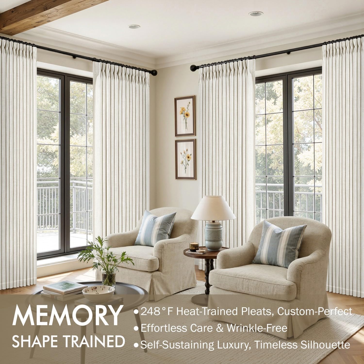 miulee pinch pleated thick linen curtains 84 inches long 2 panels for living room bedroom, linen texture memory trained drapes pinch pleat light filtering neutral ivory cream farmhouse window curtains 40"w x 84"l (pack of 2) beige white