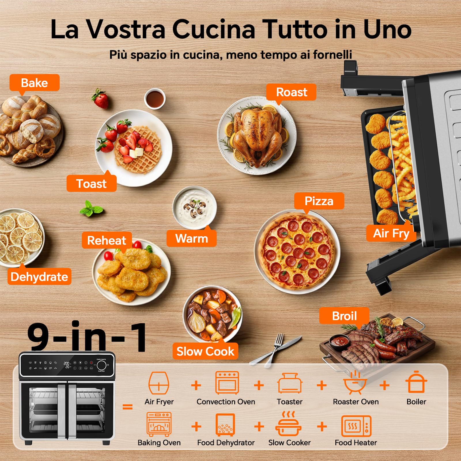 Emphsism Freidora de Aire 23L XXL - Mini Horno Eléctrico Zona Flexible, Doble Puerta Freidora Aire Temperatura Independiente 200°C, 12 en 1 Air Fryer Ventana Luz Interna & Recetas, para Familias