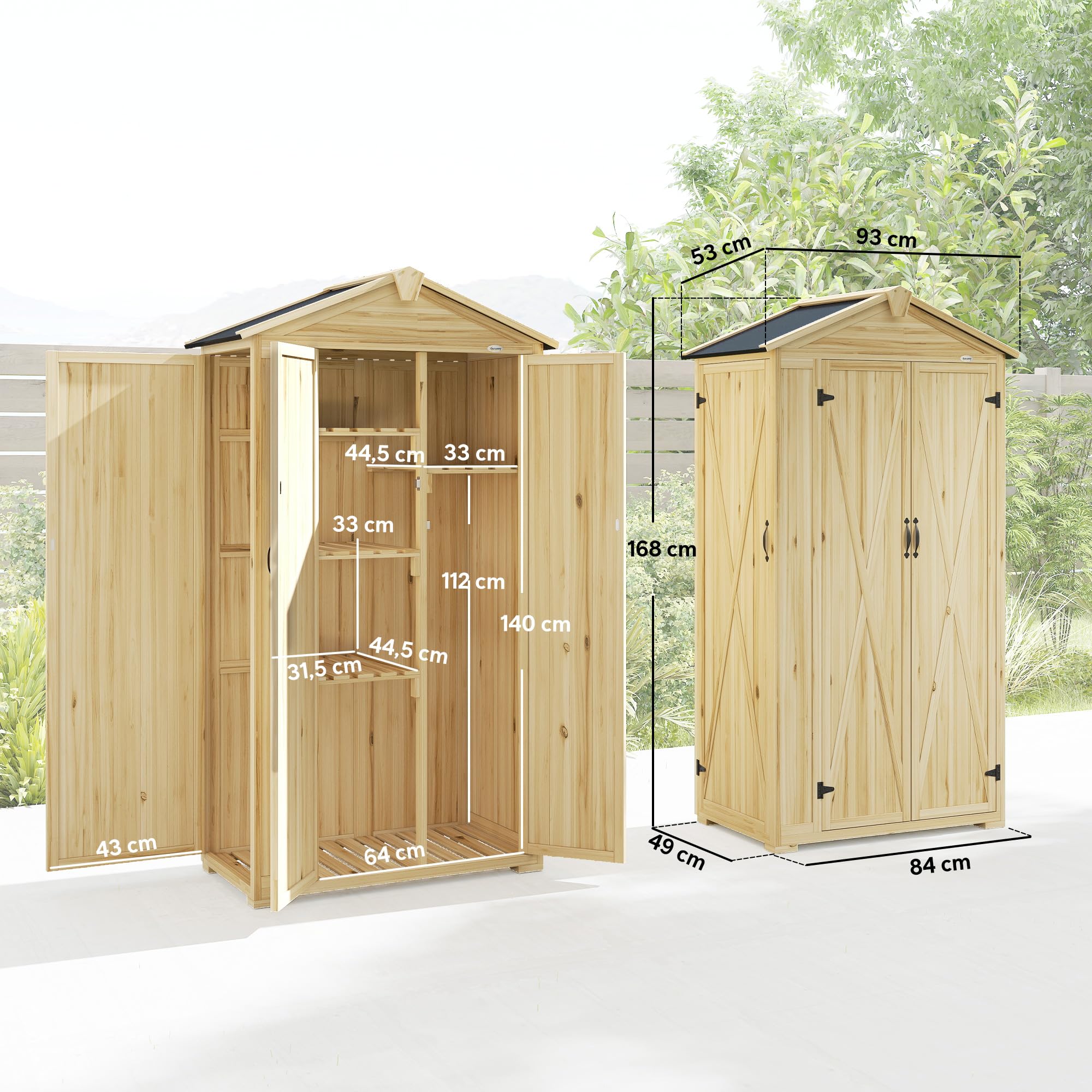 Outsunny Caseta de Jardín de Madera 93x53x168 cm 4 Estantes Madera Natural | Armario Exterior para Herramientas con Puertas Bloqueables, Techo Asfáltico Inclinado y Ganchos