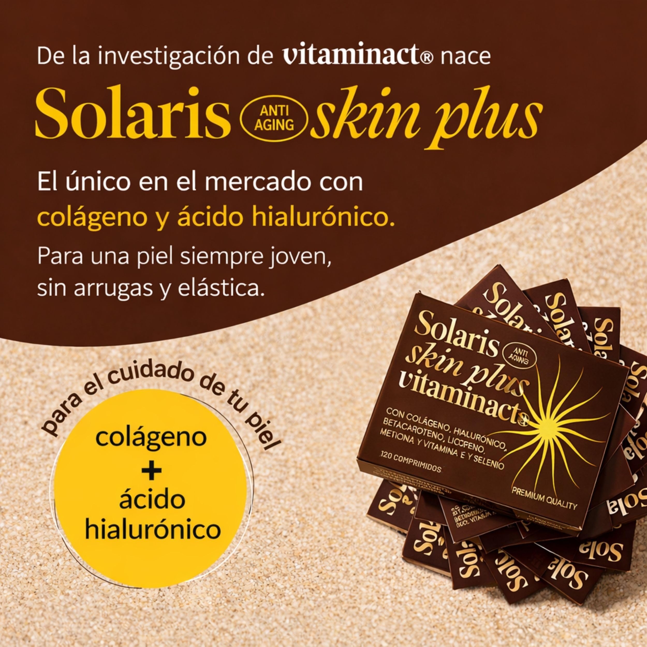 Acelerador del Bronceado con Betacaroteno – Pastillas Bronceadoras – El Único con Colágeno y Ácido Hialurónico – Licopeno, Vitamina E, Cobre y Selenio – 120 Comprimidos – Solaris Skin Plus