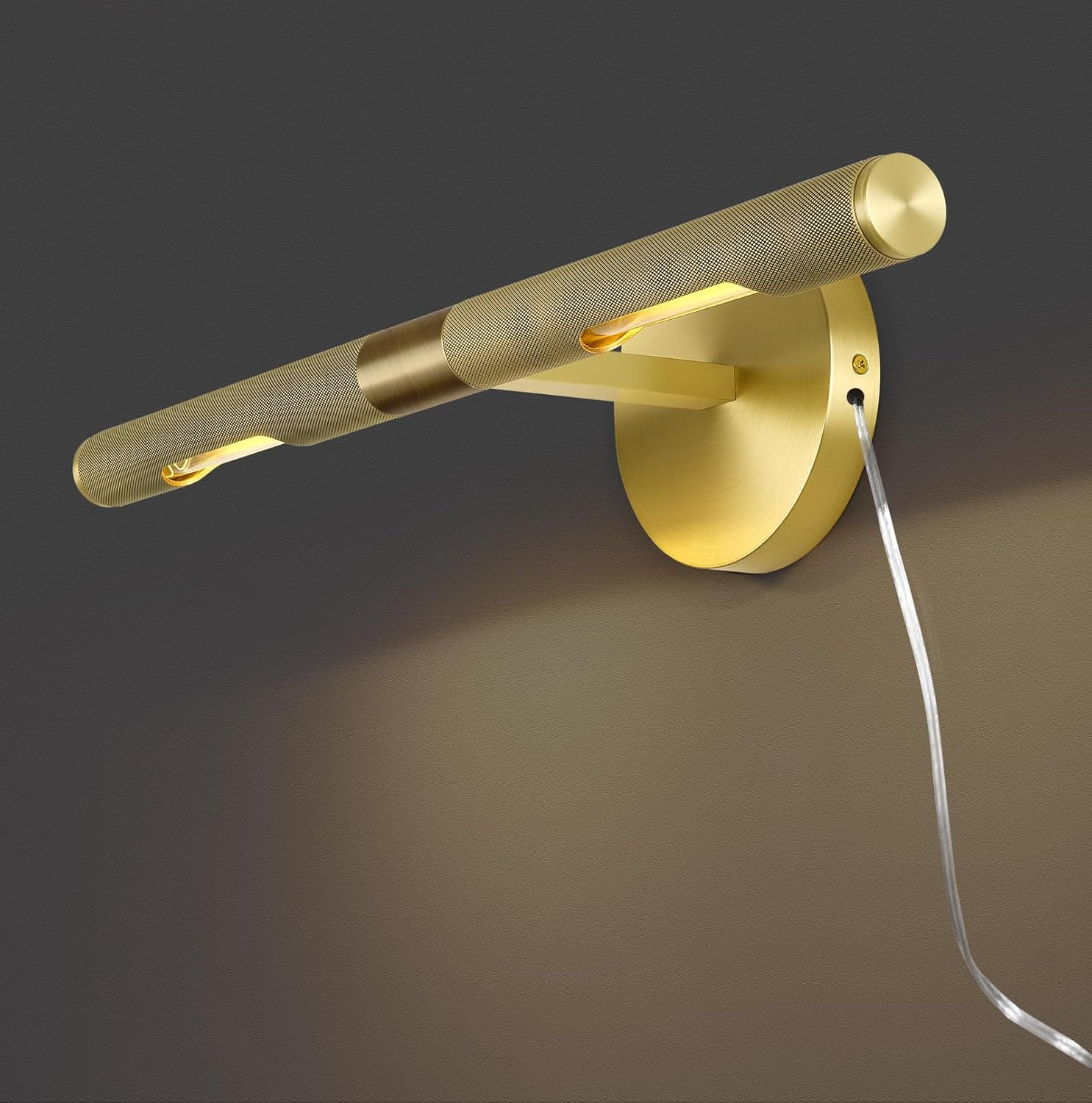 Knurled Picture Light, 19in Brass Picture Light for Wall, Plug-in or Hardwired, Dimmable Gold Art Lights, Wall Sconce for Pictures Frame, Painting Wall Lights, Bathroom Wall Sconce, Bulbs Included