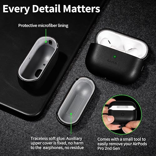 Miniatura 6 de Belemay Funda para AirPods Pro de 2 generación, compatible con MagSafe y carga inalámbrica, cuero liso de grano completo de lujo, pátina única,