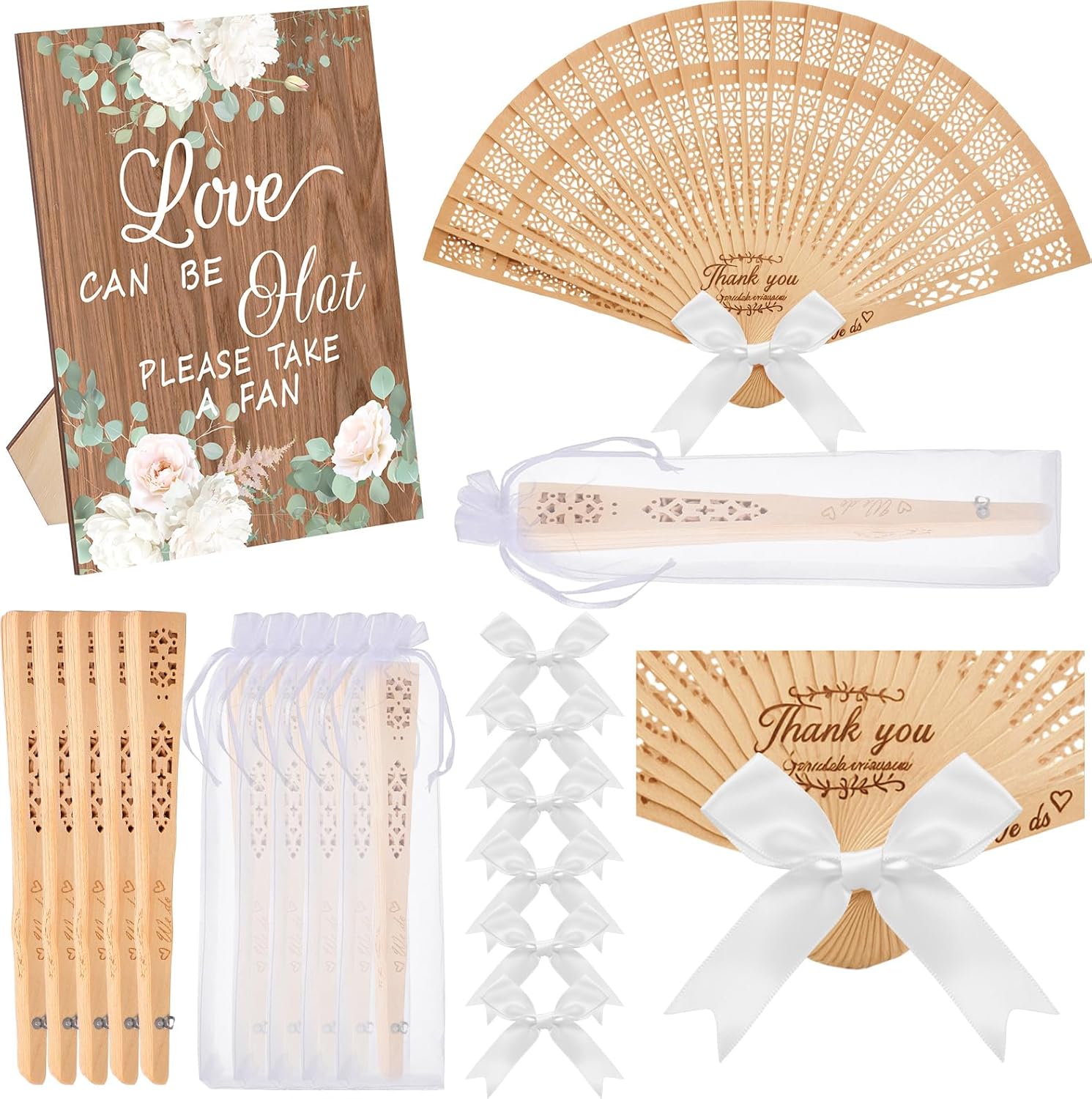 Roowest 36 Sets Wedding Favors for Guests Wooden Hand Fan for Guests Wood Handheld Folding Fans with Organza Bags White Ribbon Bows and a Table Sign for Bridal Shower Party Return Gifts