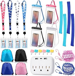 33 Pcs Cruise Accessories Kit for 4 People Cruise Essentials Includes 8 Luggage Tags 4 Lanyards for Cards 4 Drawstring Backpack Bags 4 Phone Bags 4 Towel Tie 2 Clothesline 6 Hooks 1 Power Strip