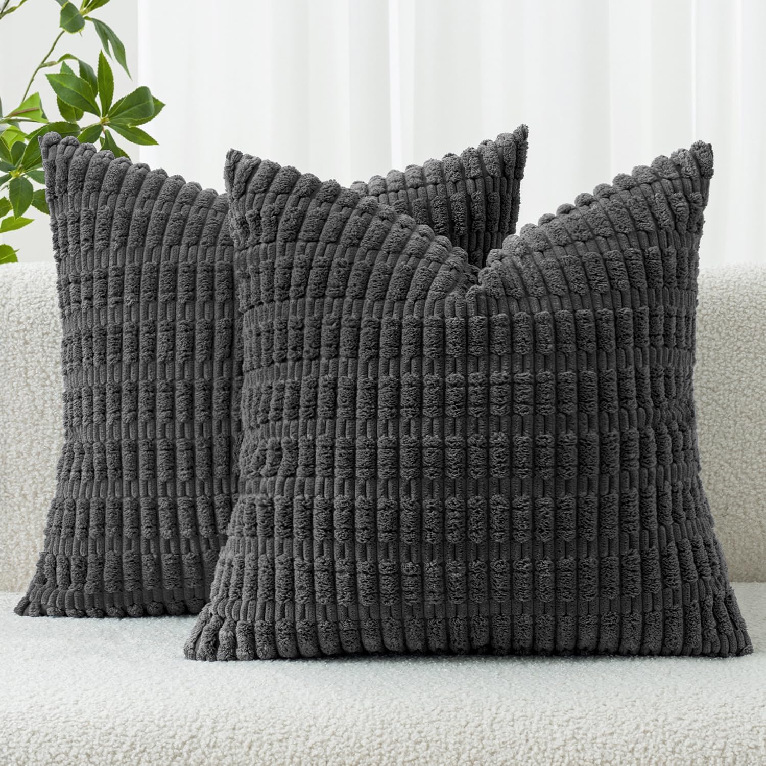 MIULEE Pack of 2 Corduroy Decorative Throw Pillow Covers 20x20 Inch Soft Boho Striped Pillow Covers Modern Farmhouse Home Decor for Sofa Living Room Couch Bed Dark Grey