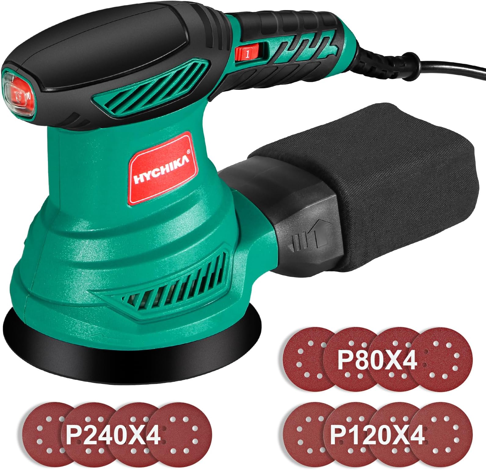 HYCHIKA Orbital Sander, 300W 13000RPM Random Orbital Sander, 6 Variable Speeds, 125mm 12Pcs Sandpapers, Electric Sander with Dust Collection Ideal for Sanding, Polishing Wood, DIY, Home Improvements