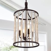 Farmhouse Lantern Chandeliers for Dining Room, 4-Light Beaded Boho Pendant Light Fixture with Rustic Bronze Cage Shape and White Wood Beads, 13 D x 23.6 H, Black and White