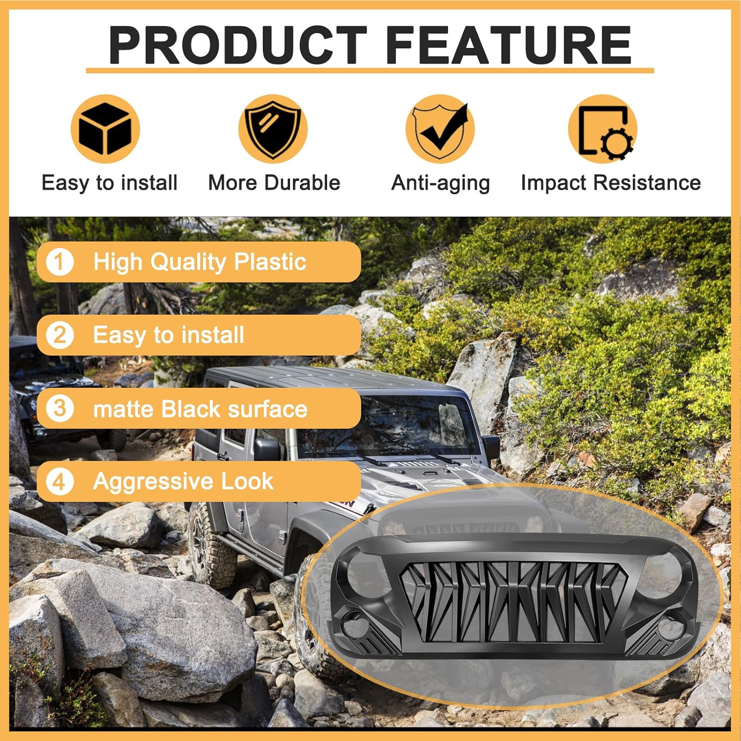 Front Grille For Jeep Wrangler JK Rubicon Sahara Sport Unlimited 2007-2018 Matte Black Shark Grill