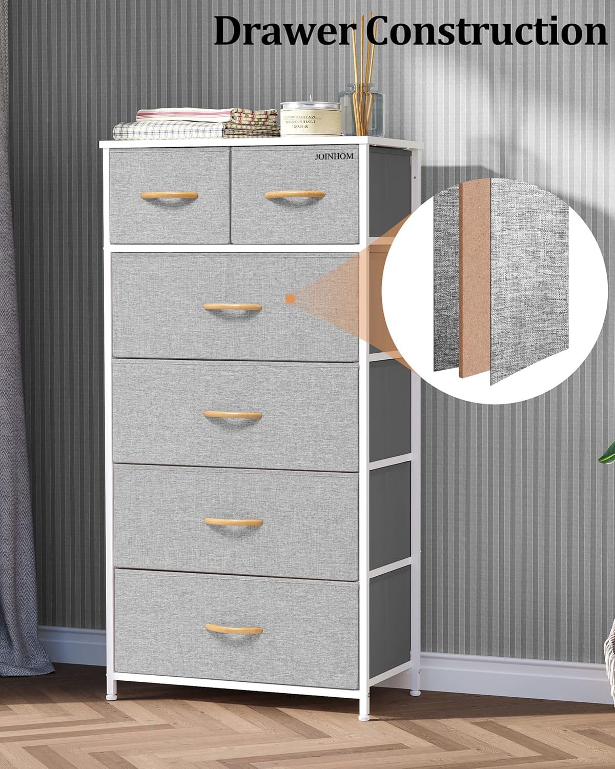 Cassettiera a torre con cassetti, cassettiera alta in tessuto per camera da letto, ufficio, ingresso, soggiorno e armadio; struttura in acciaio robusto, contenitori facili da tirare e piano in