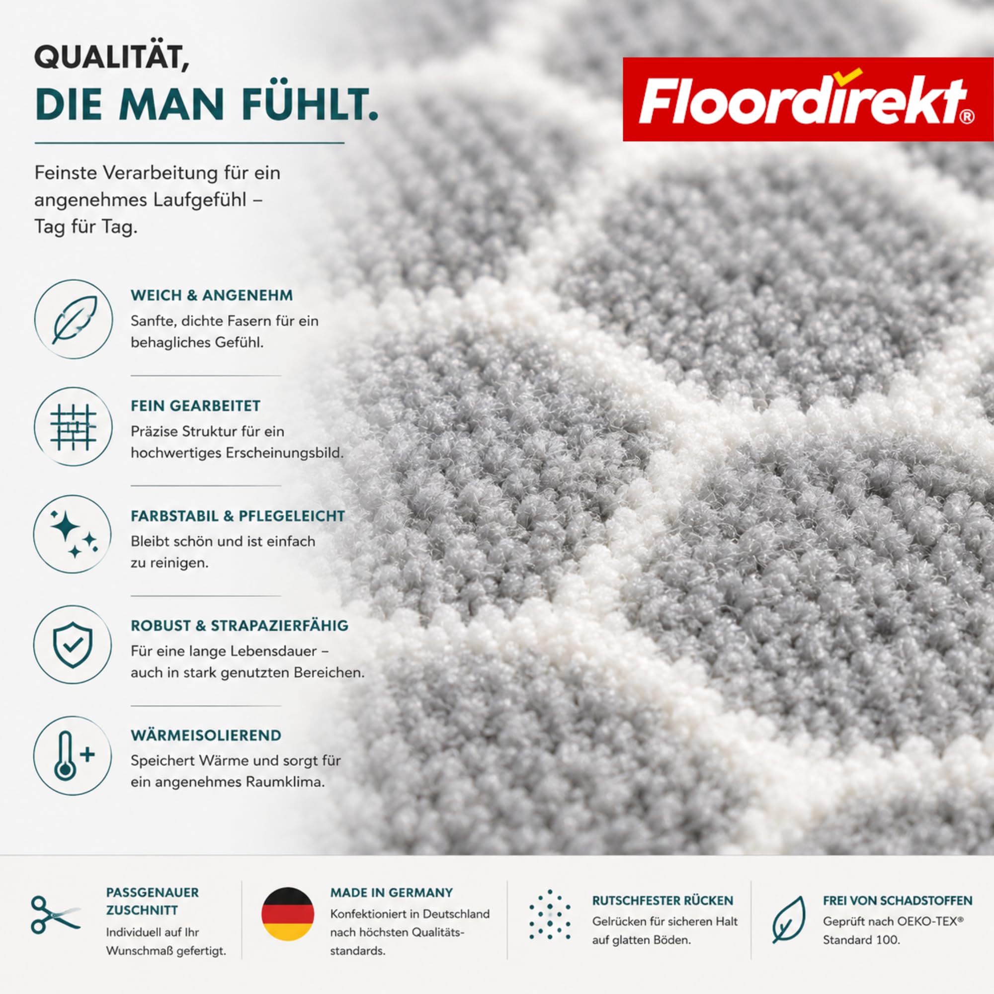 Floordirekt Teppichläufer Tralee 80 x 600 cm - Läufer für Küche, Flur & Wohnraum - Feinschlingen Teppich - rutschfest & antistatisch - Küchenläufer Flurteppich Flurläufer