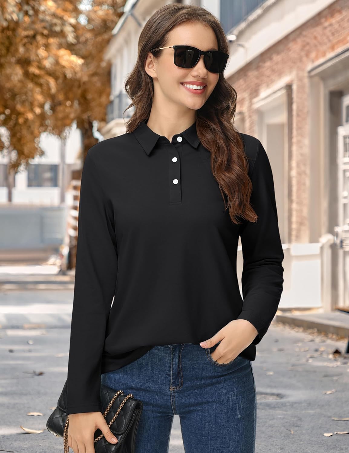 YUCOLEN Womens Polo Shirts Long Sleeve Casual Tops Collared Button Down Cotton Tee Work T Shirt - Image 5