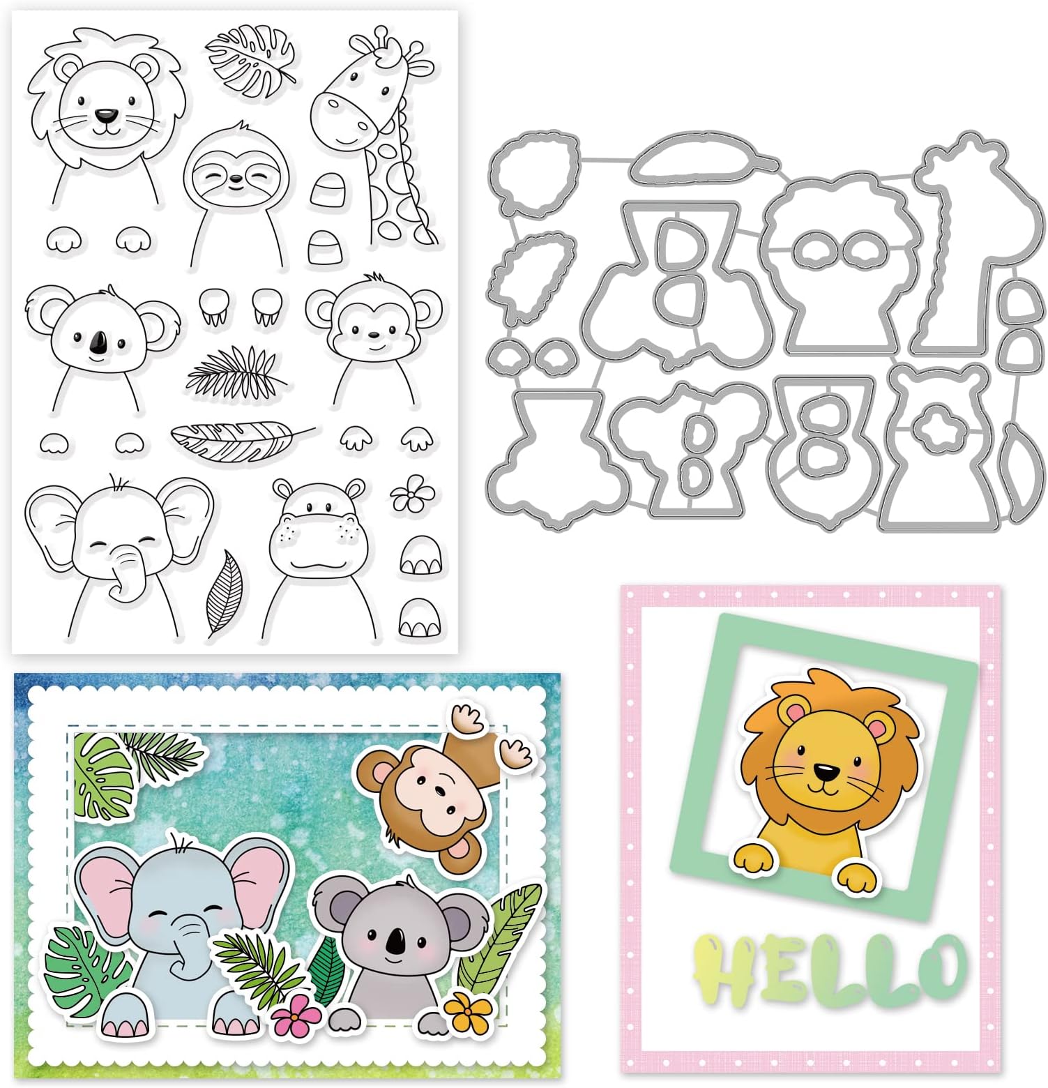 INFUNLY Tropical Animals Clear Stamps and Dies Set - Elephant Lion Transparent Silicone Stamp Animals Shape Cutting Dies for Card Making DIY Craft Scrapbooking Greeting Card Decor