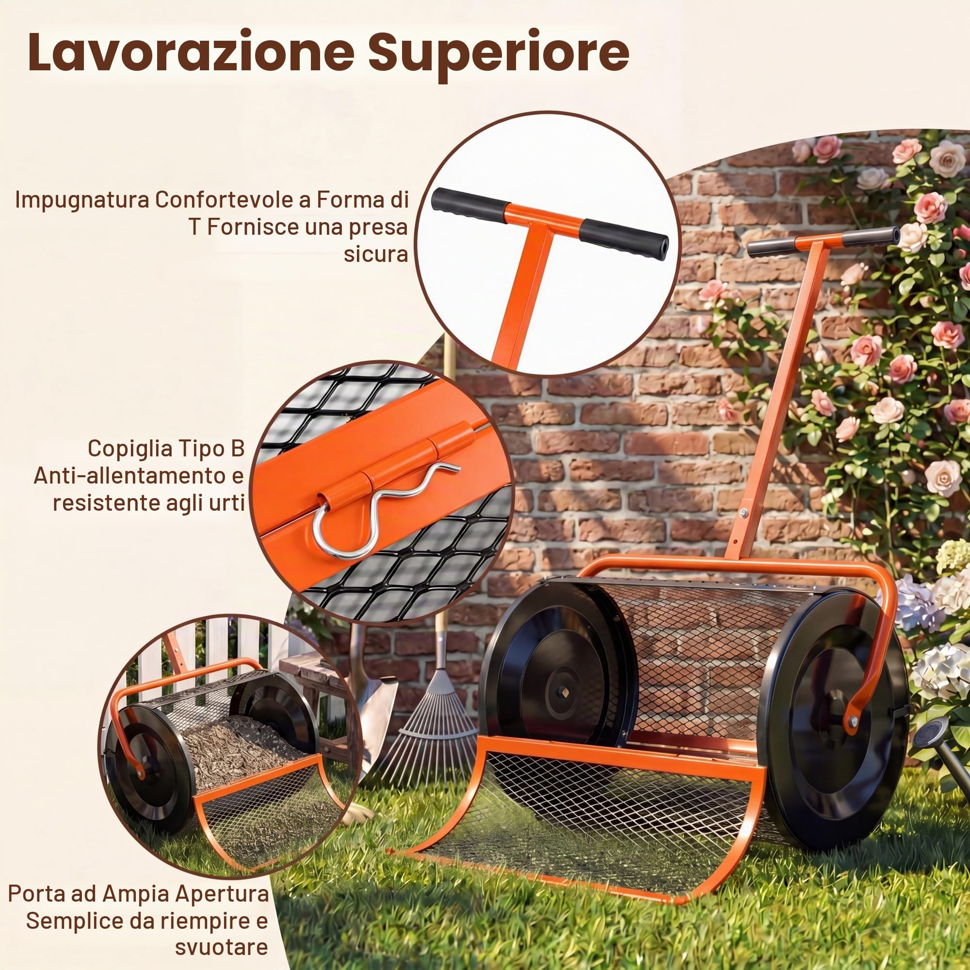HOMASIS Spandiconcime a Rullo, Rullo da Giardino con Rete Metallica e Manico Regolabile in Altezza, Spanditore per Compost con Chiusure Laterali e Perno a Apertura a B per Cortile e Prato (Arancione)