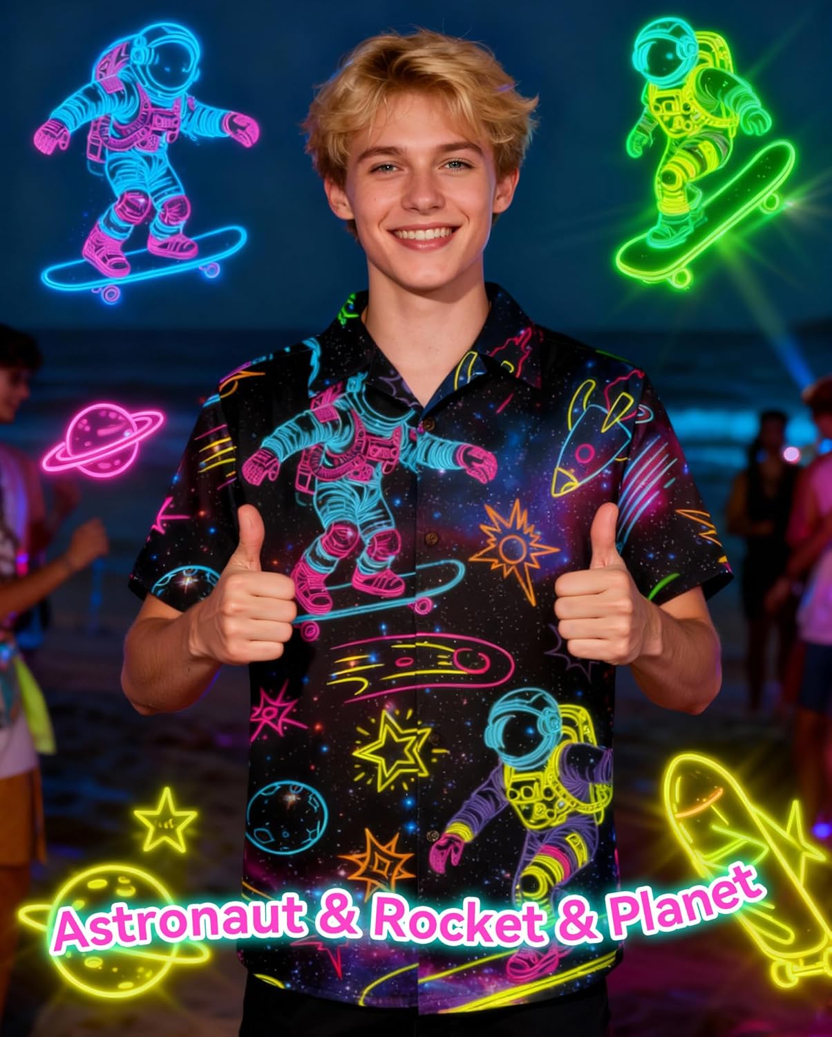 Zando Neon Shirts for Men - Funny Hawaiian Vibrant Tropical Print Button Down Rave Outfit Top for 80s Party Vacation Festival - Image 2