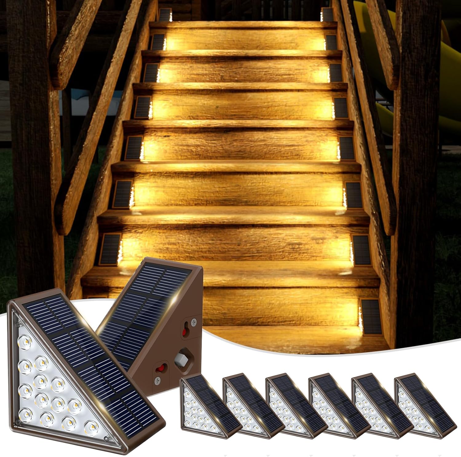 JOFIOS Solar Step Lights for Outside, 12pack Solar Stair Lights Outdoor Waterproof IP67, Deck Step Lights, Outdoor Light Decor for Staircase, Patio, Front Step, Pathway, Front Porch(Warm Brown)