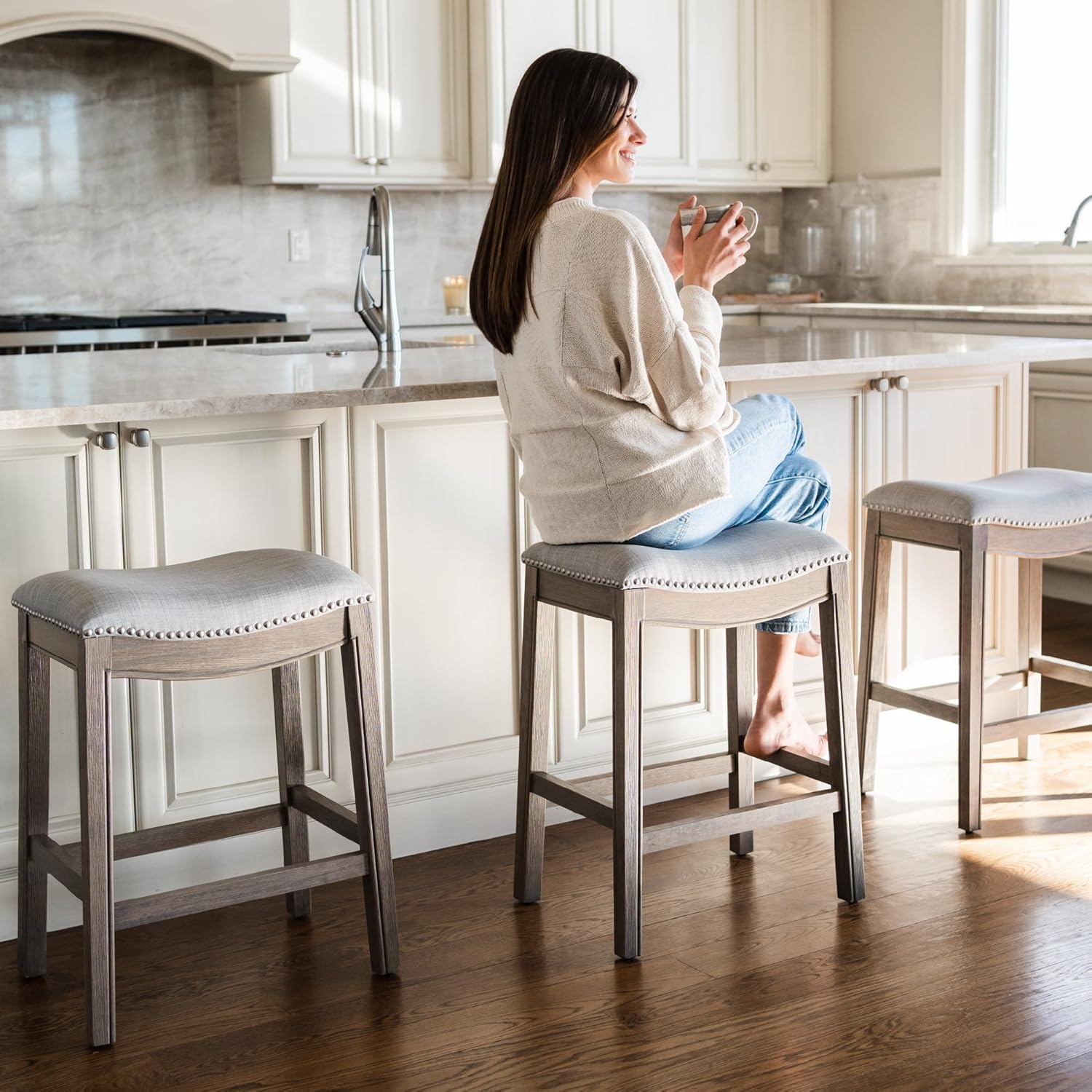 Maven Lane Adrien Backless Counter Stool – 26 Inches – Saddle Stool with Footrest – Grey Solid Wood Frame & Grey Fabric Upholstery – Perfect for Kitchen Islands & Counters