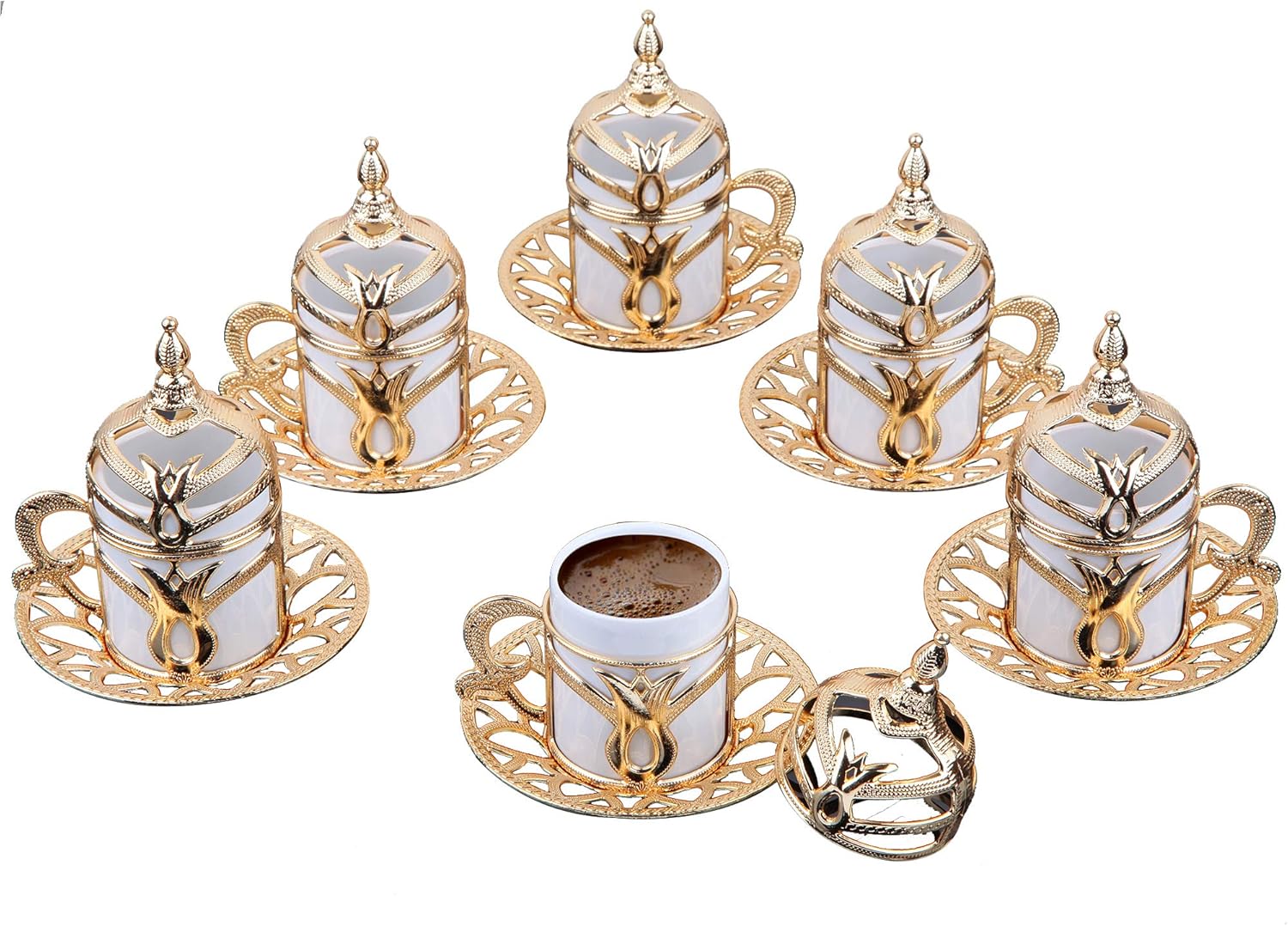 Buу 1 gеt 1 Premium Porcelain Turkish Coffee Cups Set of 6 and Saucers - 3.5 oz. - Gold Espresso Serving Cup Set, Greek Coffee, Demitasse Coffee Cup For Women Men, Adults New Home Wedding Housewarming (Gold)