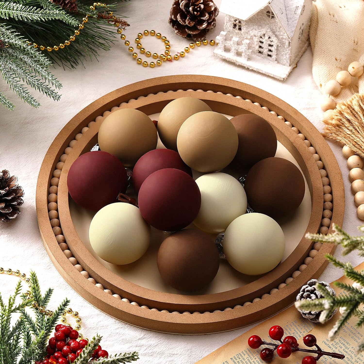12 Pcs Neutral Matte Christmas Ball Ornaments 2.4 Inch Rustic Boho Burgundy Brown Camel Cream Xmas Bulbs Ornament Vintage Xmas Baubles Modern Christmas Decor for Tree Farmhouse Decor