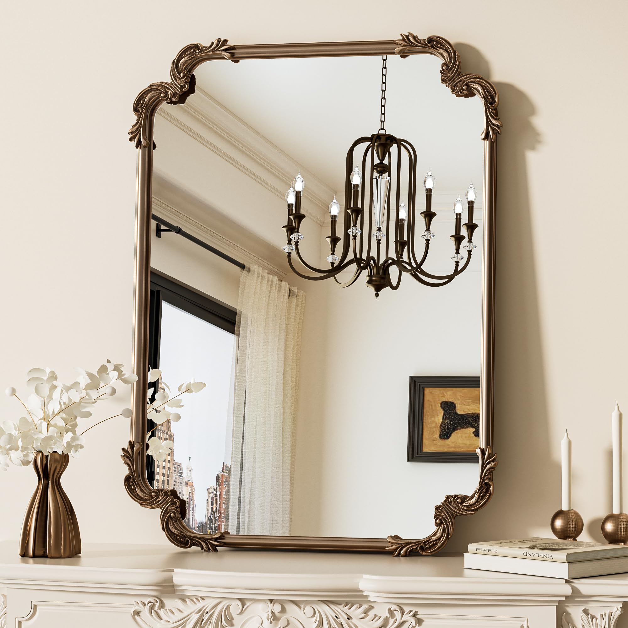 TETOTE Gold Vintage Rectangle Mirror 60x80cm - Antique Brass Frame with HD Tempered Shatterproof Glass - Baroque Ornate Scroll Decor - Horizontal & Vertical Mount for Fireplace Bathroom Hallway