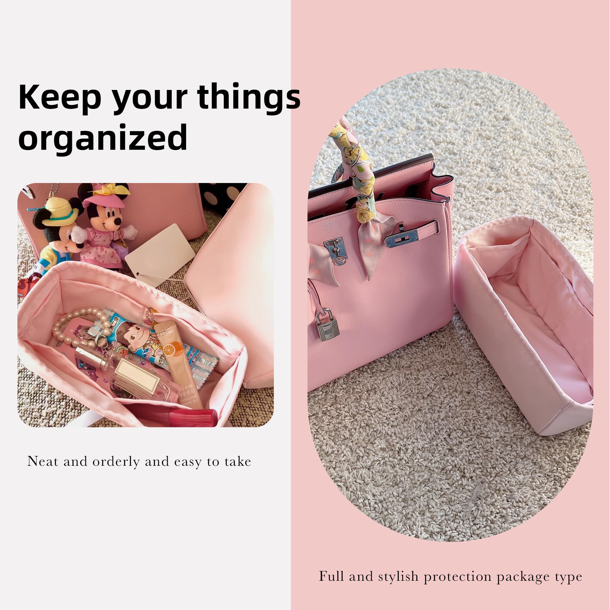 DGAZ Organizador de Bolso de Seda Premium, Inserto Ligero para Birkin 20/25/30/35/40/45/50, Forro Interior Elegante que Protege y Organiza (Rose Sakura, BK30)