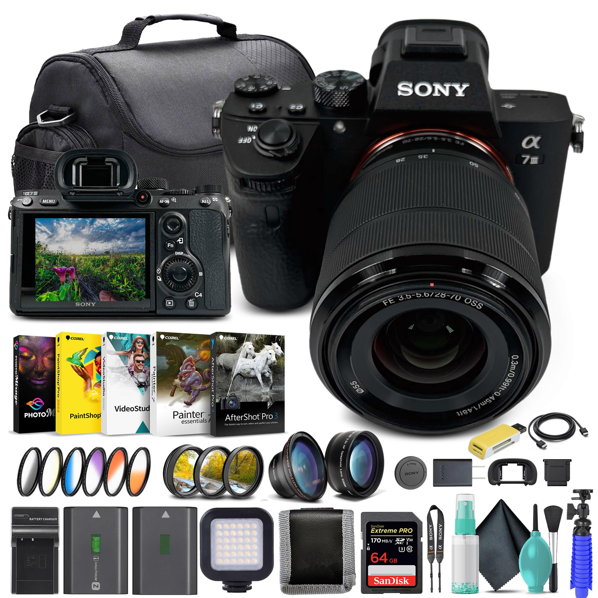 Sony α7 III Full-Frame Mirrorless Camera Kit with 28–70 mm OSS Lens (ILCE-7M3K/B) – 24.2 MP Sensor | 4K HDR Video | 64GB Memory Card, 2 x NP-FZ-100 Battery, Case, External Charger and More