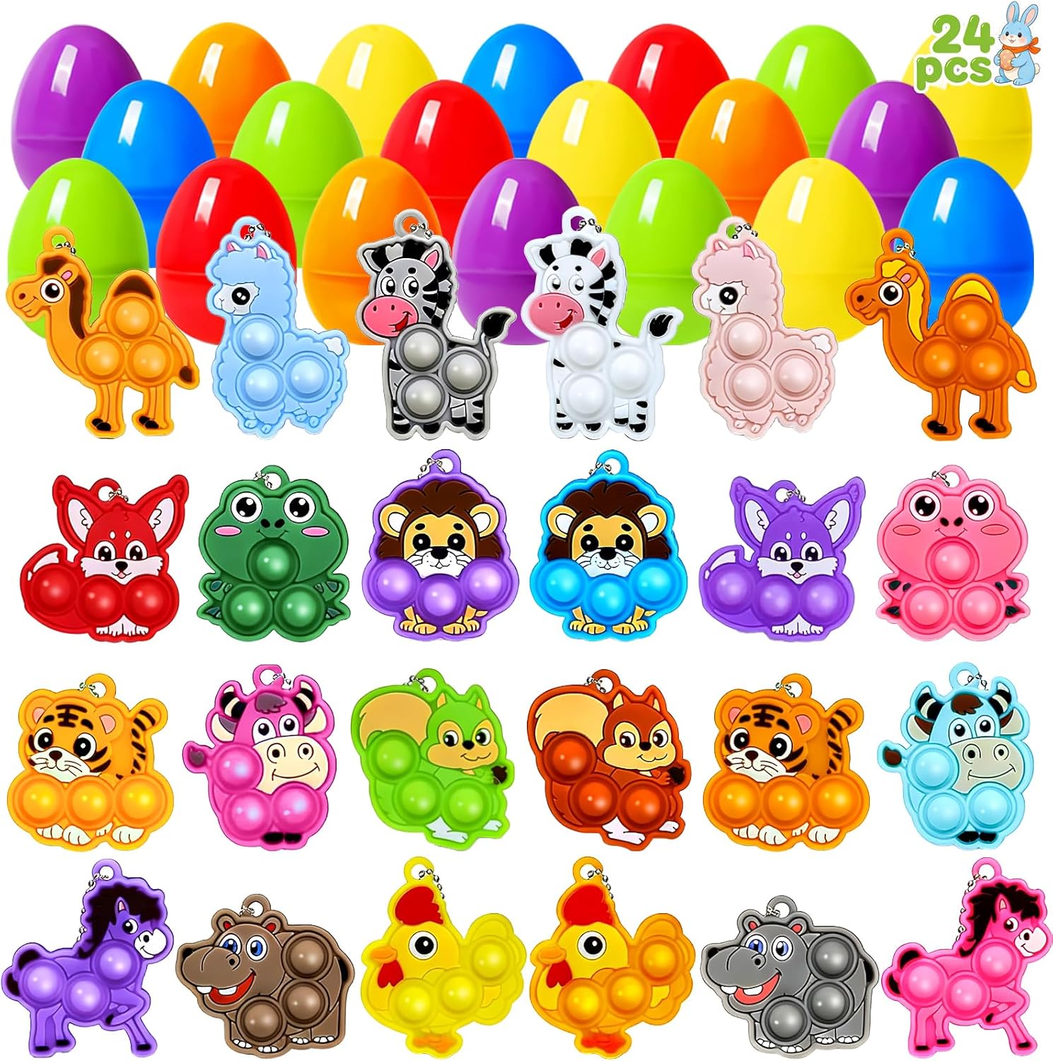 Pinkcow Prefilled Easter Eggs for Kids Toddler - 24 Pack Pre Filled Eggs Bulk with Mini Animal Pop Keychain Toys Inside for Egg Hunt, Basket Stuffers, Party Favors Prizes, Easter Games