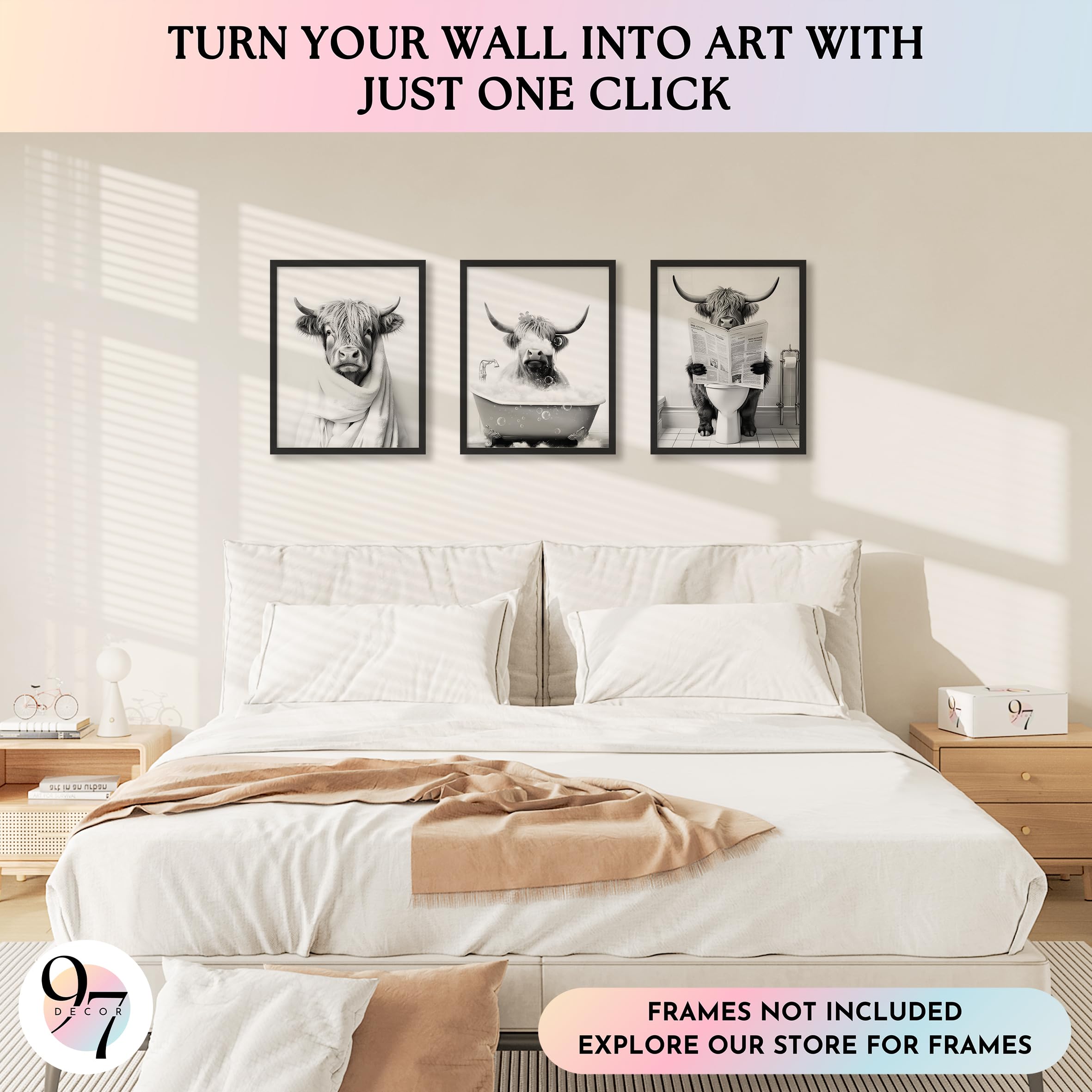 97 Decor Highland Cow Wall Art - 12x16 Bathroom Decor, Funny Cow in Bathtub Poster, Animal Artwork for Bedroom (UNFRAMED) - Image 3