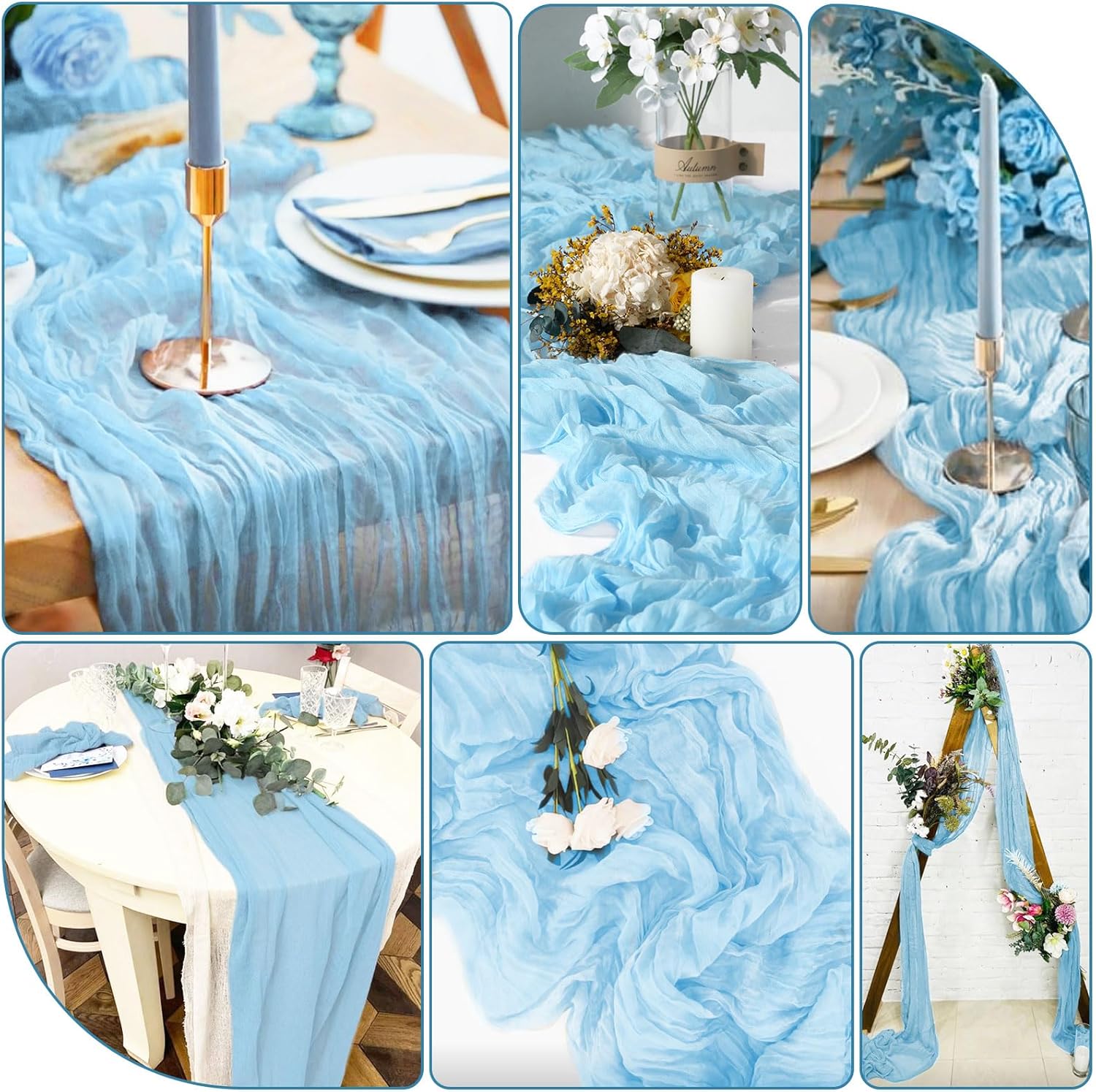 20 Pack Light Blue Cheesecloth Table Runner 10FT Long Boho Gauze Fabric Table Runner Vintage Rustic Sheer Runners for Wedding Party Bridal Baby Shower Table Decorations
