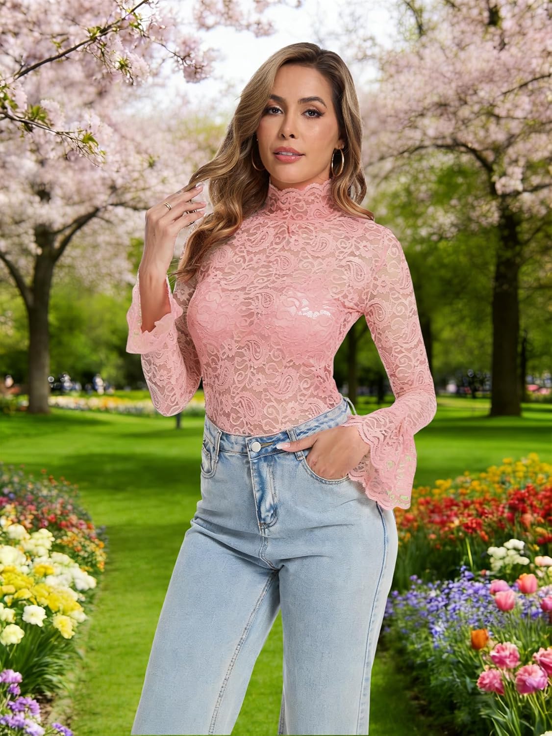 Women's Long Sleeve Lace Mesh Tops High Neck Sheer Blouse Sexy Floral Going Out Top - Image 3