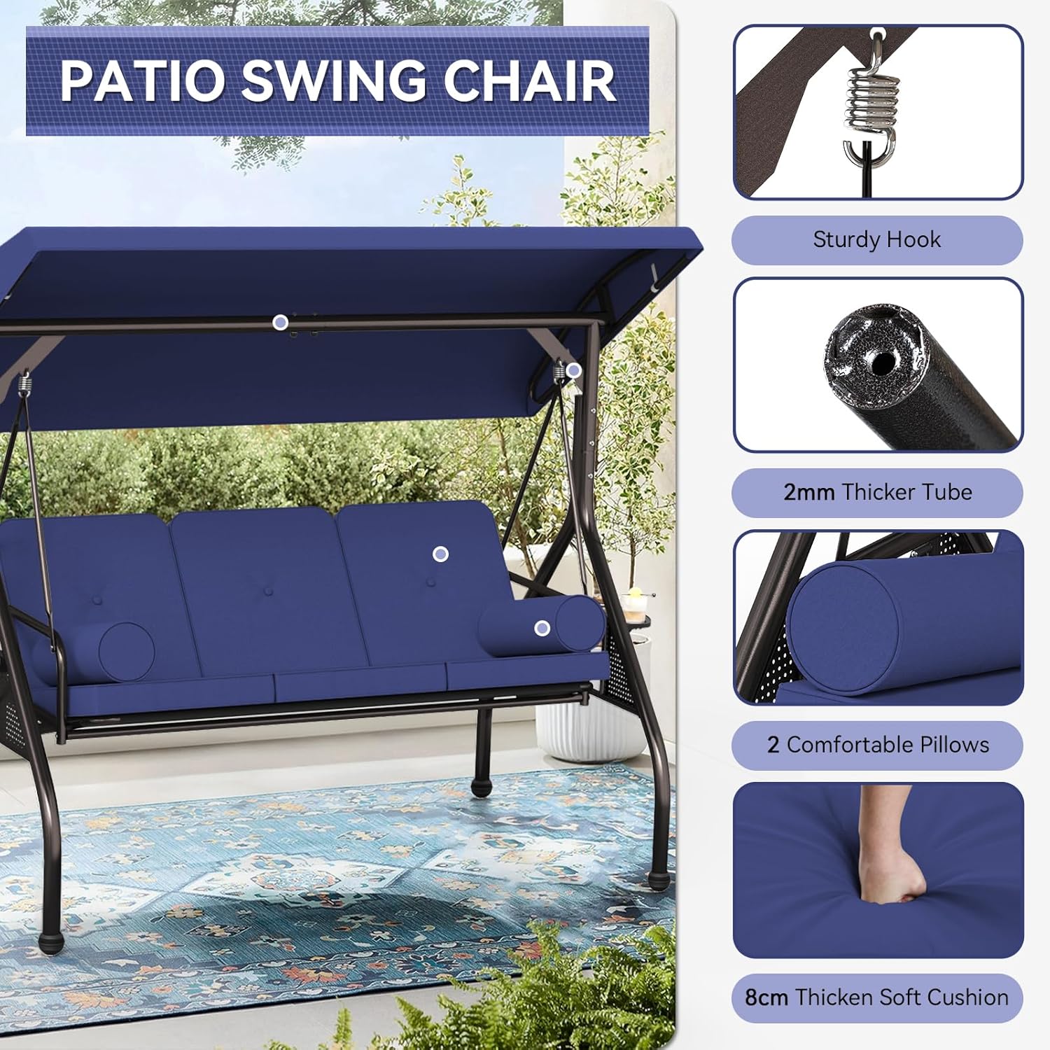Oakcloud 3-Seat Outdoor Porch Swing with Adjustable Canopy, Large Converting Swing Chair, Patio Swing Glider with Pillows & Thick Cushions for Poolside Balcony Backyard (Blue)