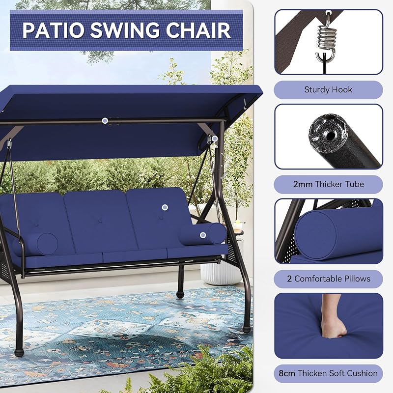 Oakcloud 3-Seat Outdoor Porch Swing with Adjustable Canopy, Large Converting Swing Chair, Patio Swing Glider with Pillows & Thick Cushions for Poolside Balcony Backyard (Blue) image 3