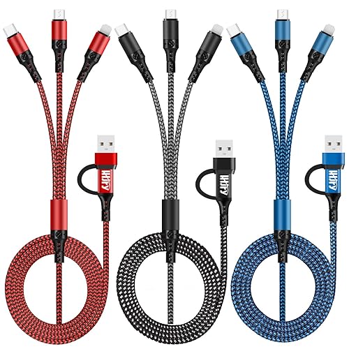 Cable de carga múltiple (paquete de 3, 4 pies) 6 en 1 USB A/C a USB C/Micro USB/i-P, cable de carga múltiple para teléfono