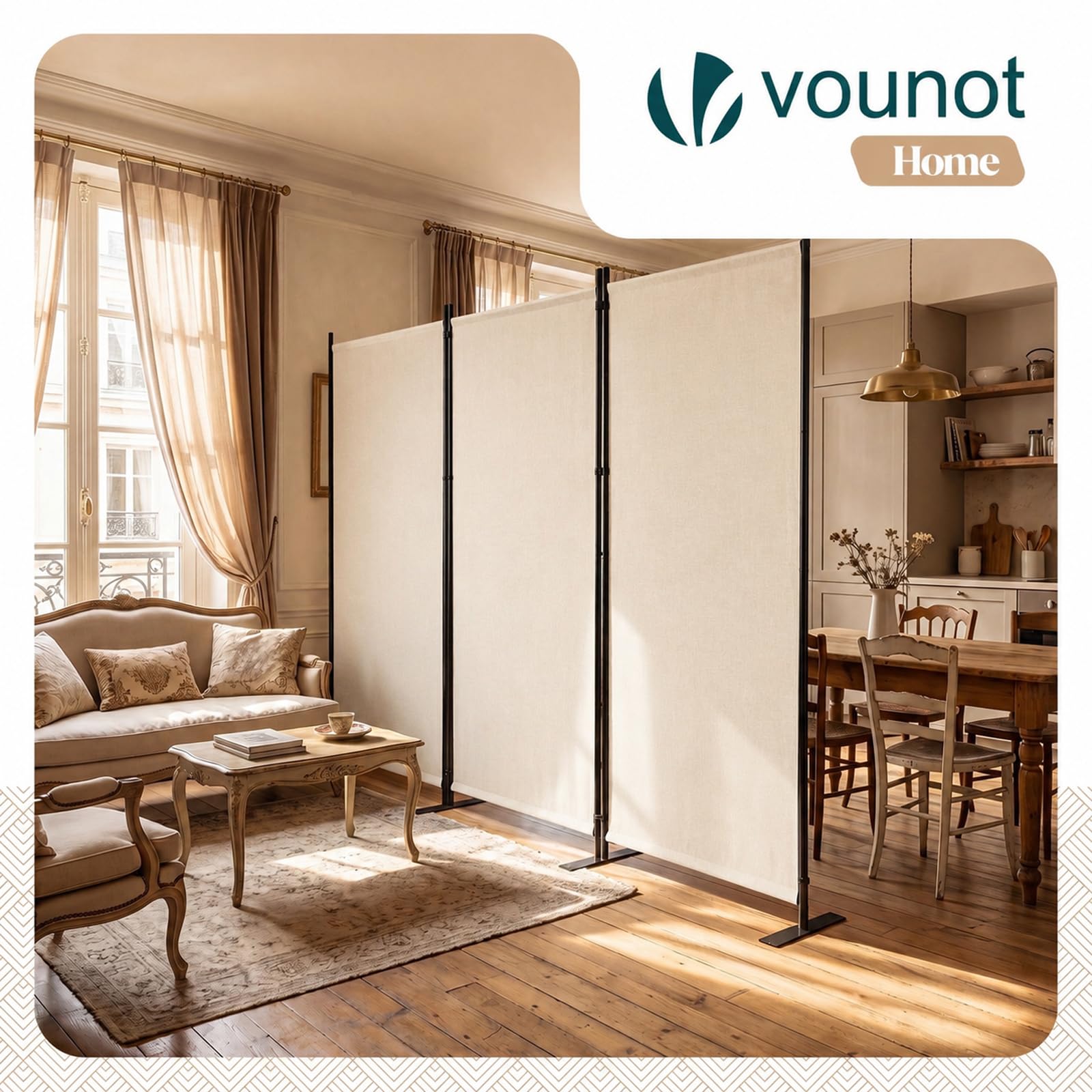 VOUNOT® Separe Divisorio Interno a 3 Pannelli in Metallo, Paravento Pieghevole Autoportante Privacy per Salotto, Camera da Letto e Ufficio, 262 x 30 x 173 cm, Beige
