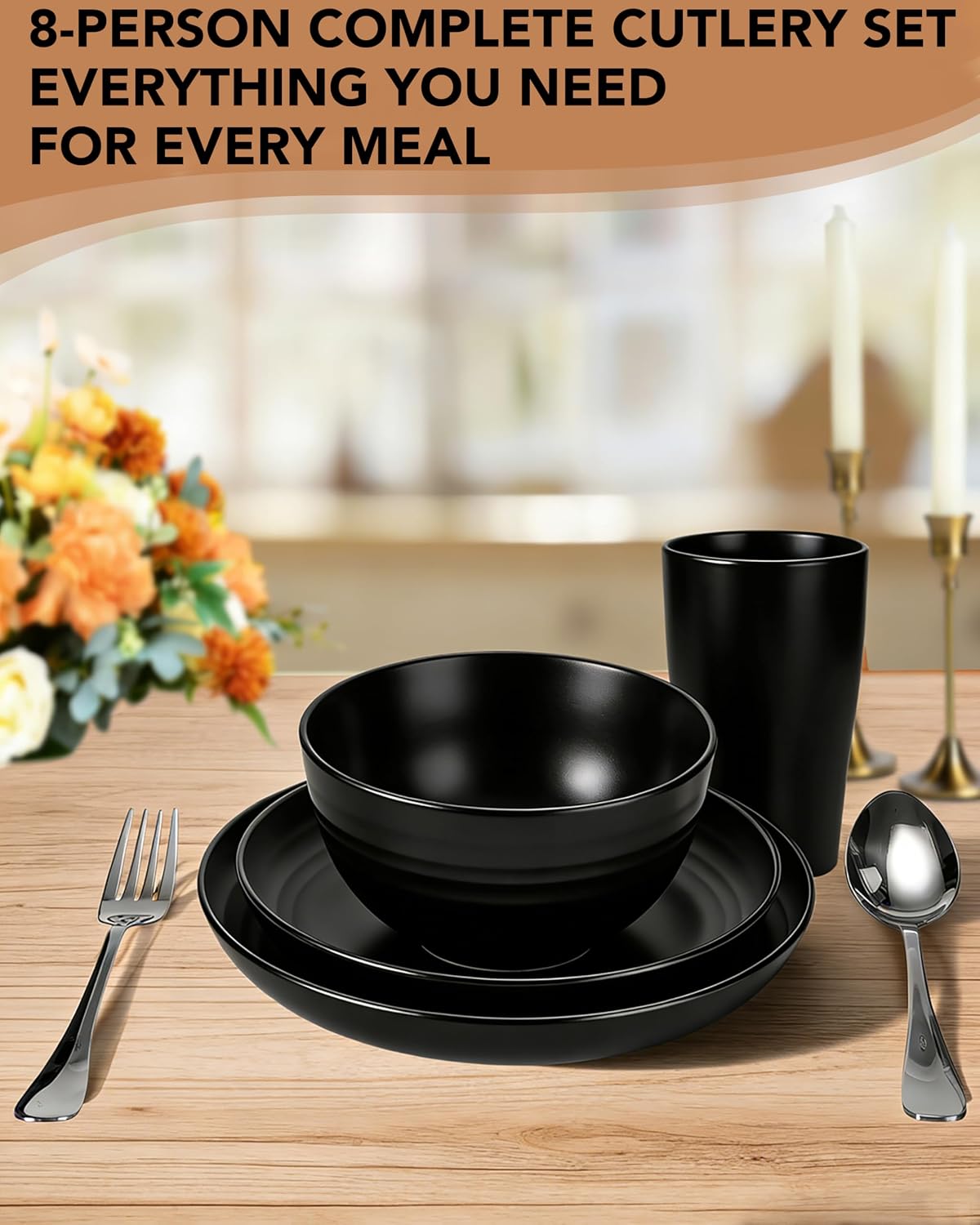 48 Piece Plates and Bowls Sets for 8- Unbreakable Wheat Straw Dinnerware Sets Includes Stainless Steel Forks for Picnic Camping Outdoor Kitchen and Apartment Dinning RV Essentials-Black