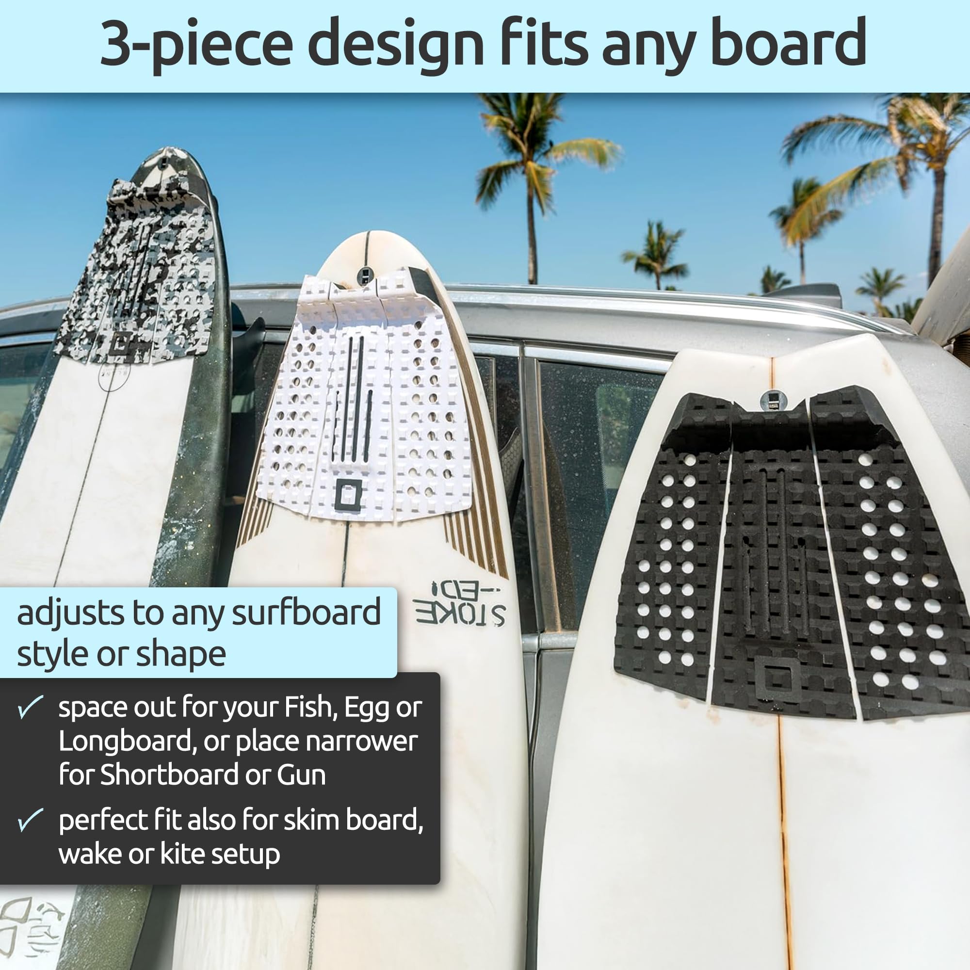 Almohadilla de tracción de 3 piezas, arco, plano o frontal, máximo agarre, adhesivo 3M súper fuerte, se adapta a todas las tablas de surf: Shortboard, Fish, Longboard, SUP, Skimboard,