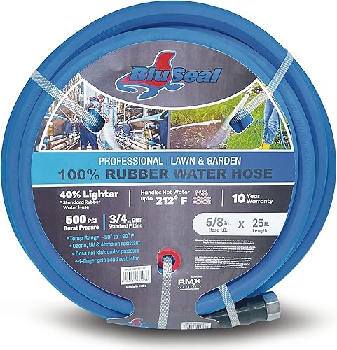 Miniatura 8 de BluSeal - Manguera de jardín de goma para agua calientefría, 100% goma, ultraligera, súper fuerte, 500 PSI, 50F a 190F, poliéster trenzado de alta