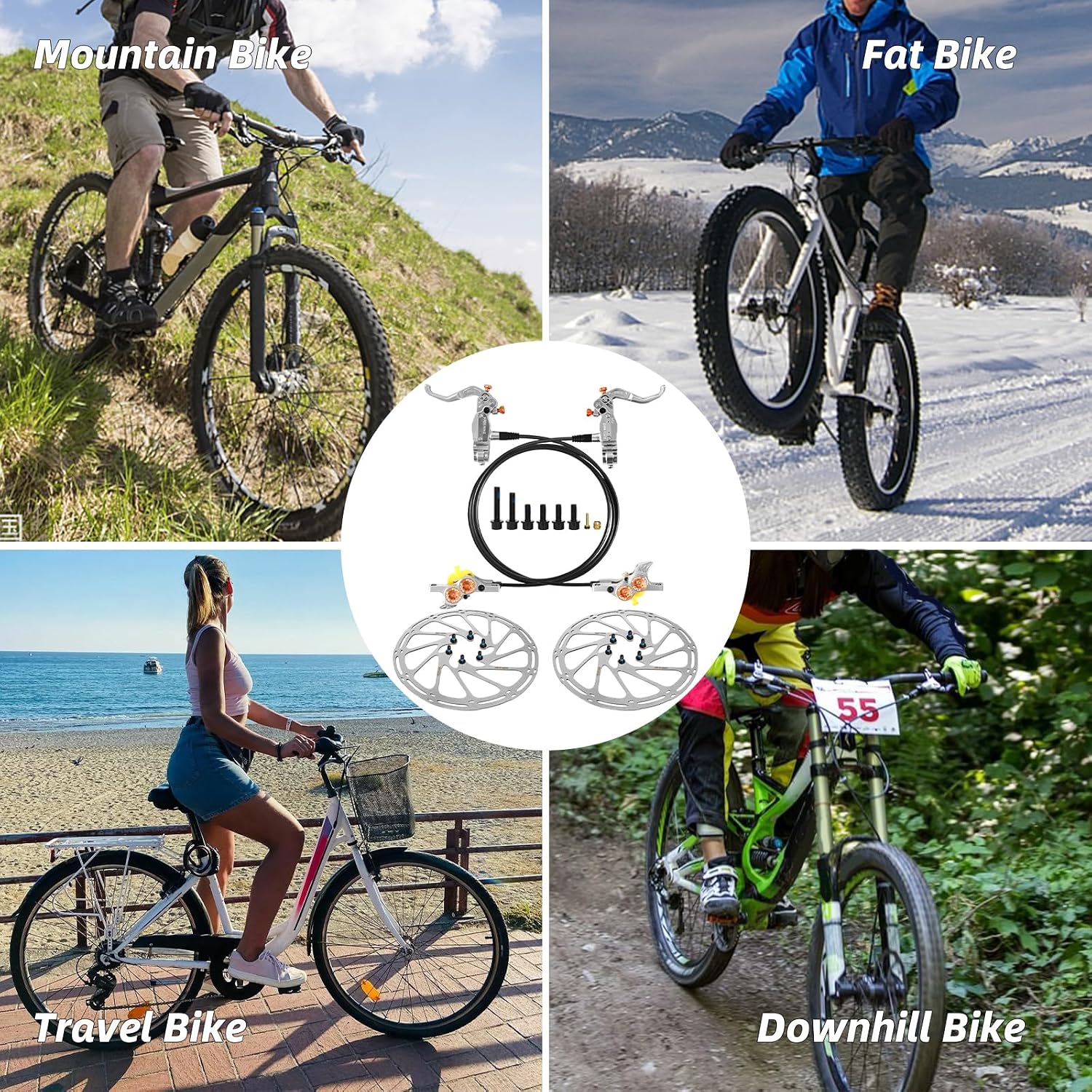 4 E4 Bike Disc Brake Kit MTB Brakes Set with 180mm Rotors,Left Front 950mm & Right Rear 1650mm Aluminum Alloy Lever Adapter for Folding Bike/Scooter/Fat Bike(Vertical Cylinder Version Silver)
