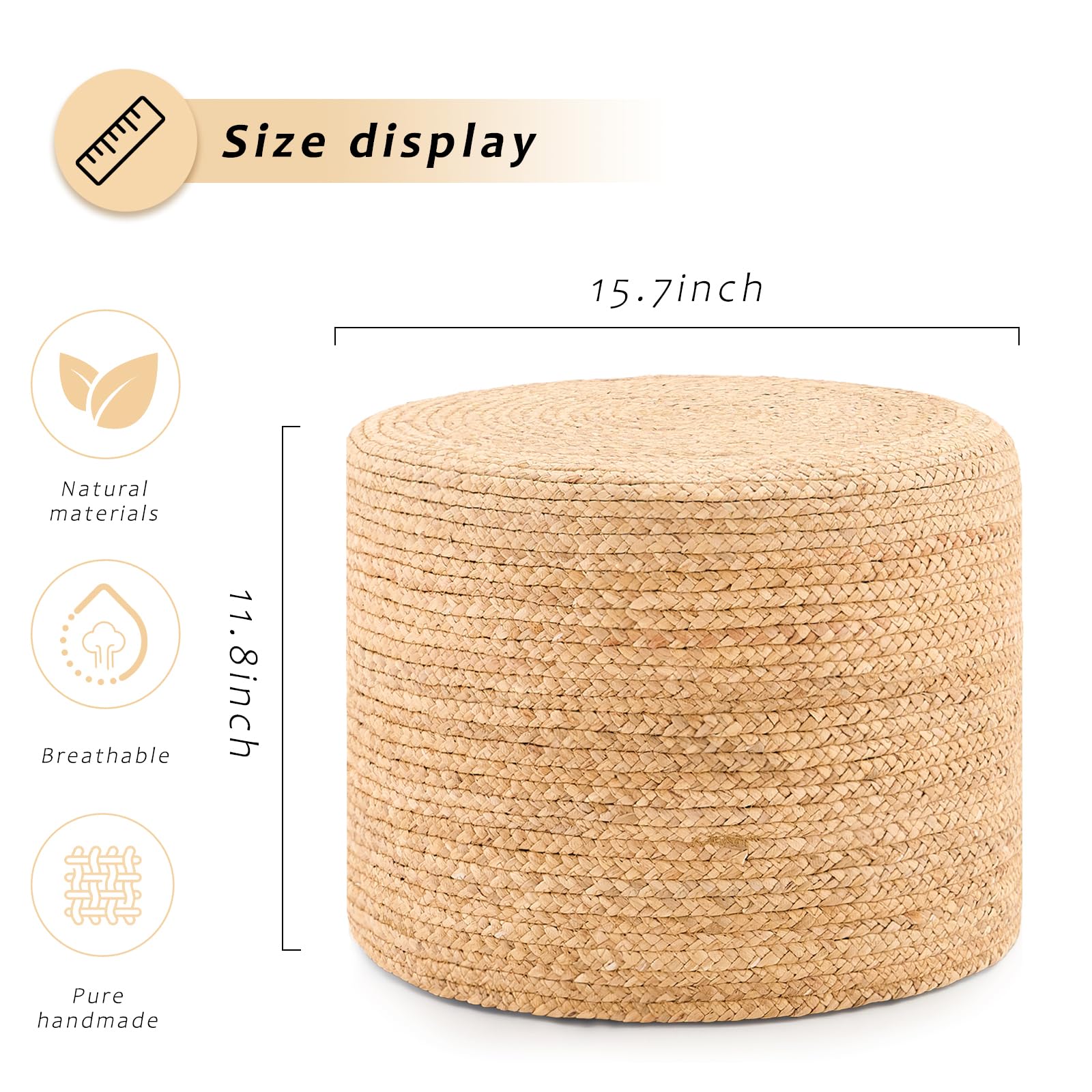 Handwoven Water Hyacinth Ottoman Pouf, Round Outdoor Footstool with Sturdy Frame, No Assembly Needed, Boho Accent Stool for Indoor & Outdoor Use – Patio, Balcony, Living Room (Natural)