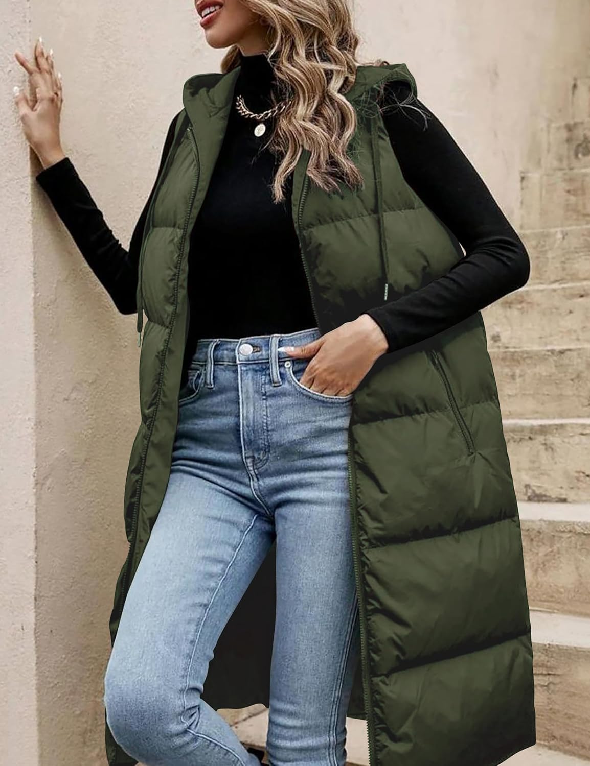 Lingswallow Long Puffer Vest Women Quilted Hooded Vests Outerwear Sleeveless Zip Up Coat Jackets With Pockets - Image 5