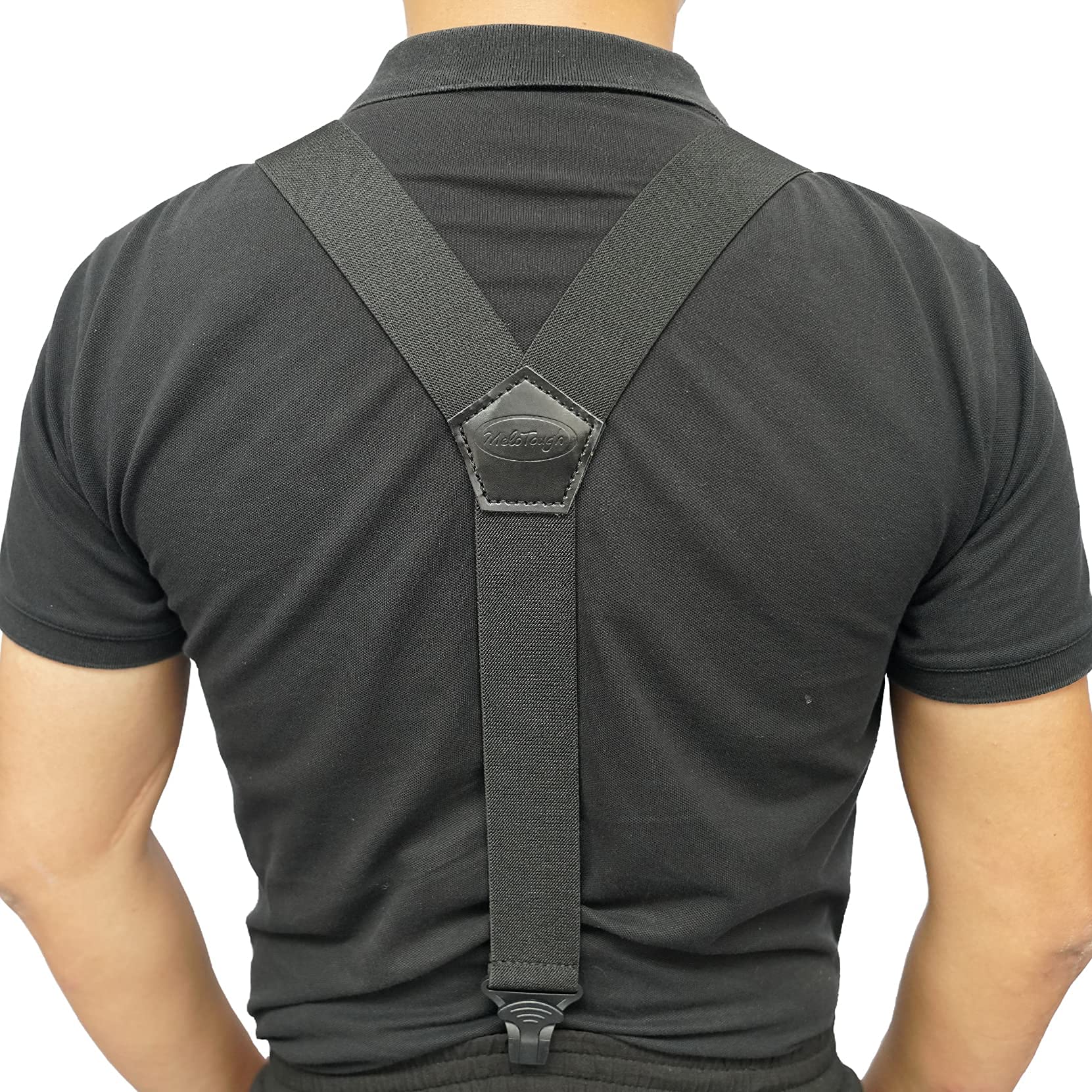 Melo Tough Y back suspenders airport friendly Suspenders,NO buzz with Plastic Clip 1.5 inch fully elastic braces - black - One size fit most
