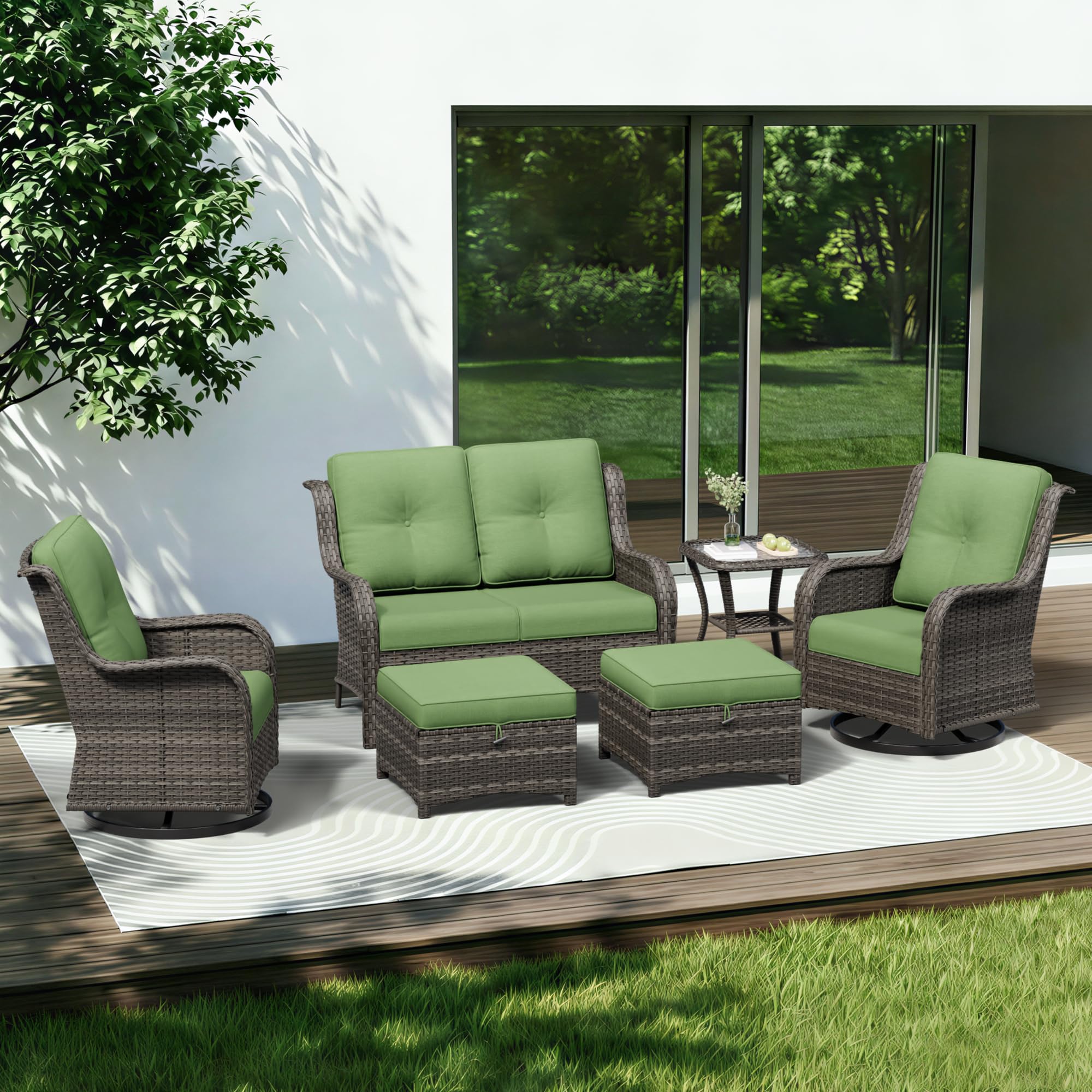 6 Piece Outdoor Wicker Patio Furniture Set, Outdoor Swivel Rocker Patio Chairs Set with Thickened Olefin Cushions, High Back and Deep Seating, Hand-Woven PE Rattan for Porch, Deck
